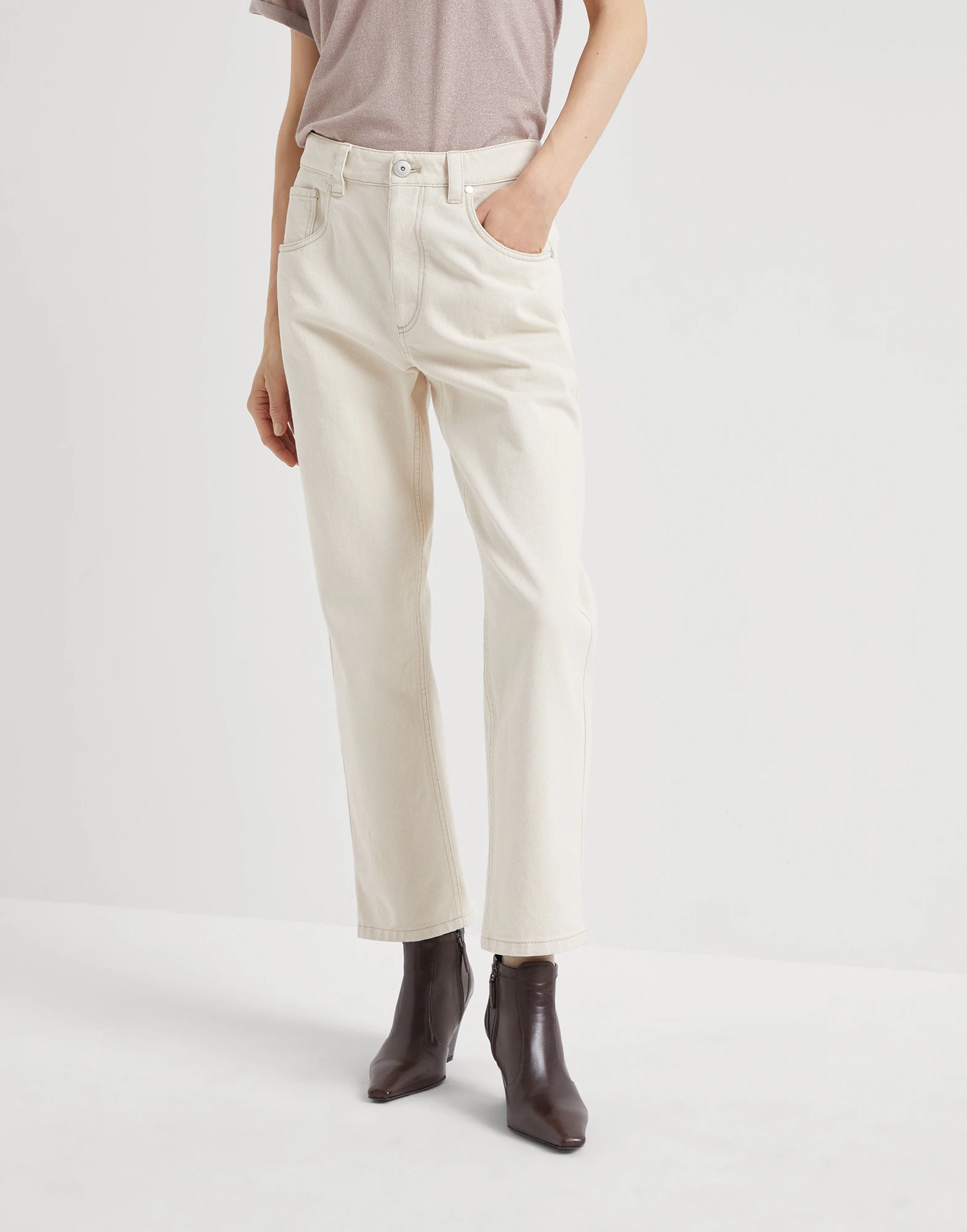 Stretch dyed denim straight trousers with shiny bartack
