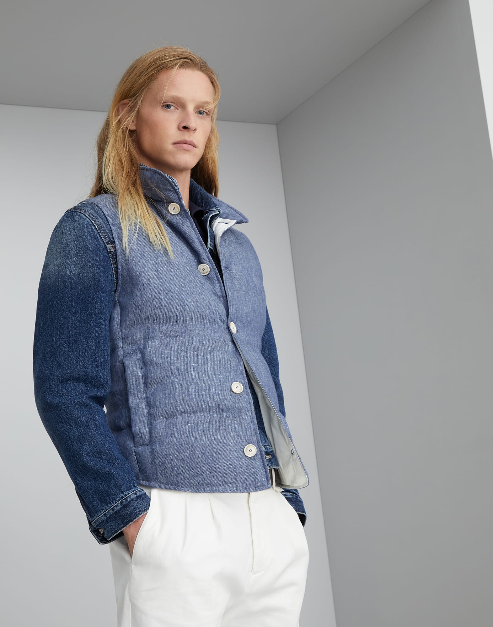 Denim-effect linen down vest
