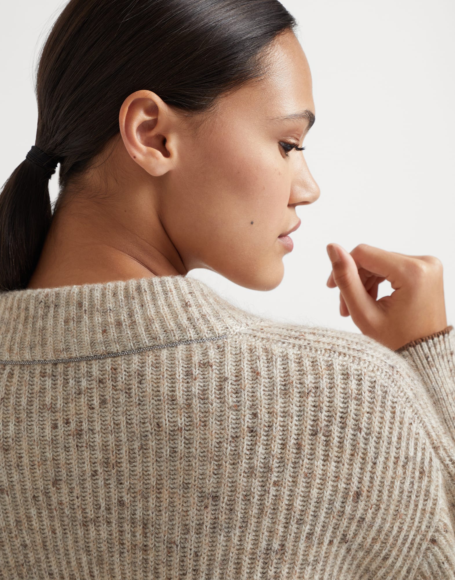 Flecked wool, mohair and linen English rib sweater with monili