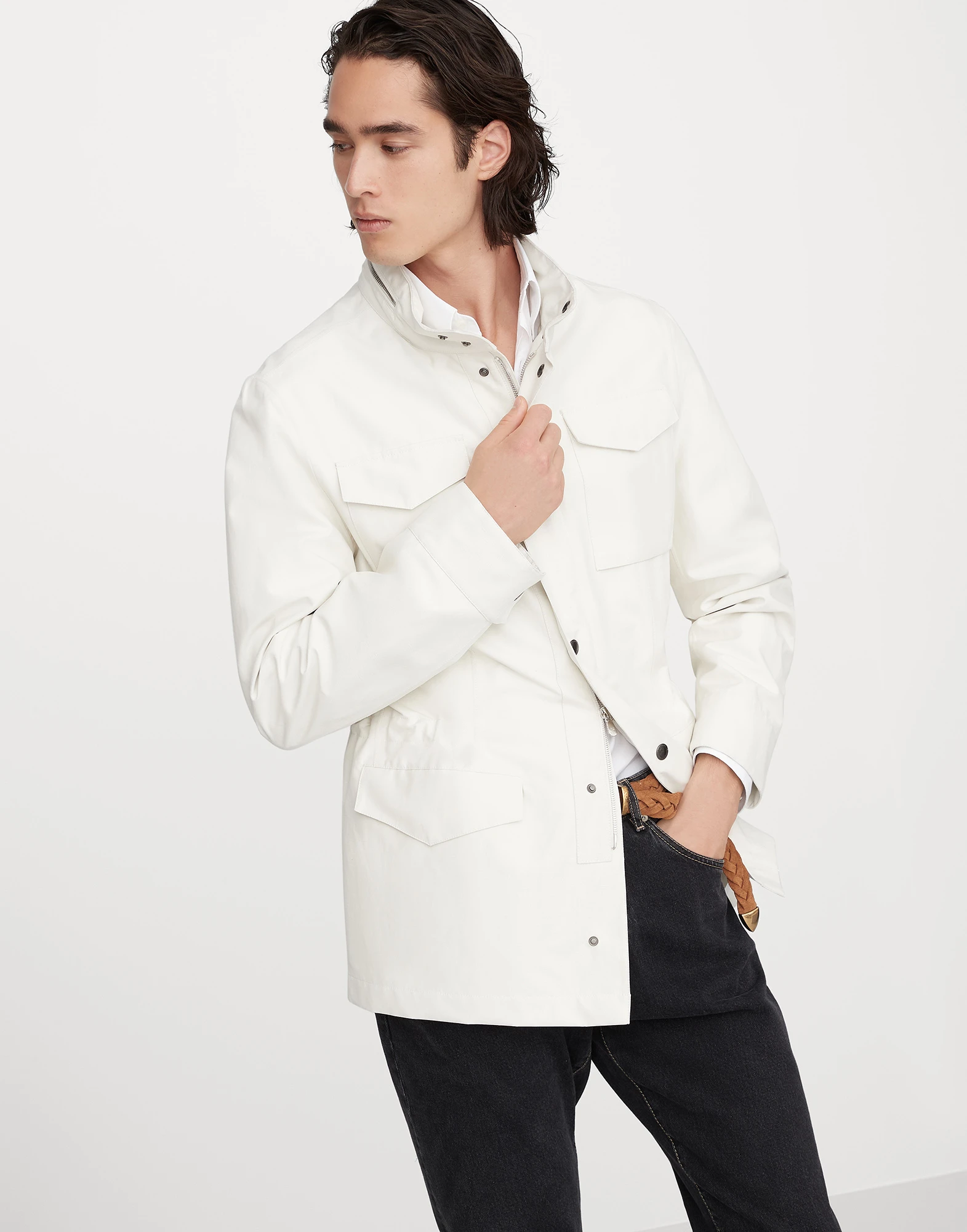 Linen and silk bonded panama field jacket with heat-bonded seams
