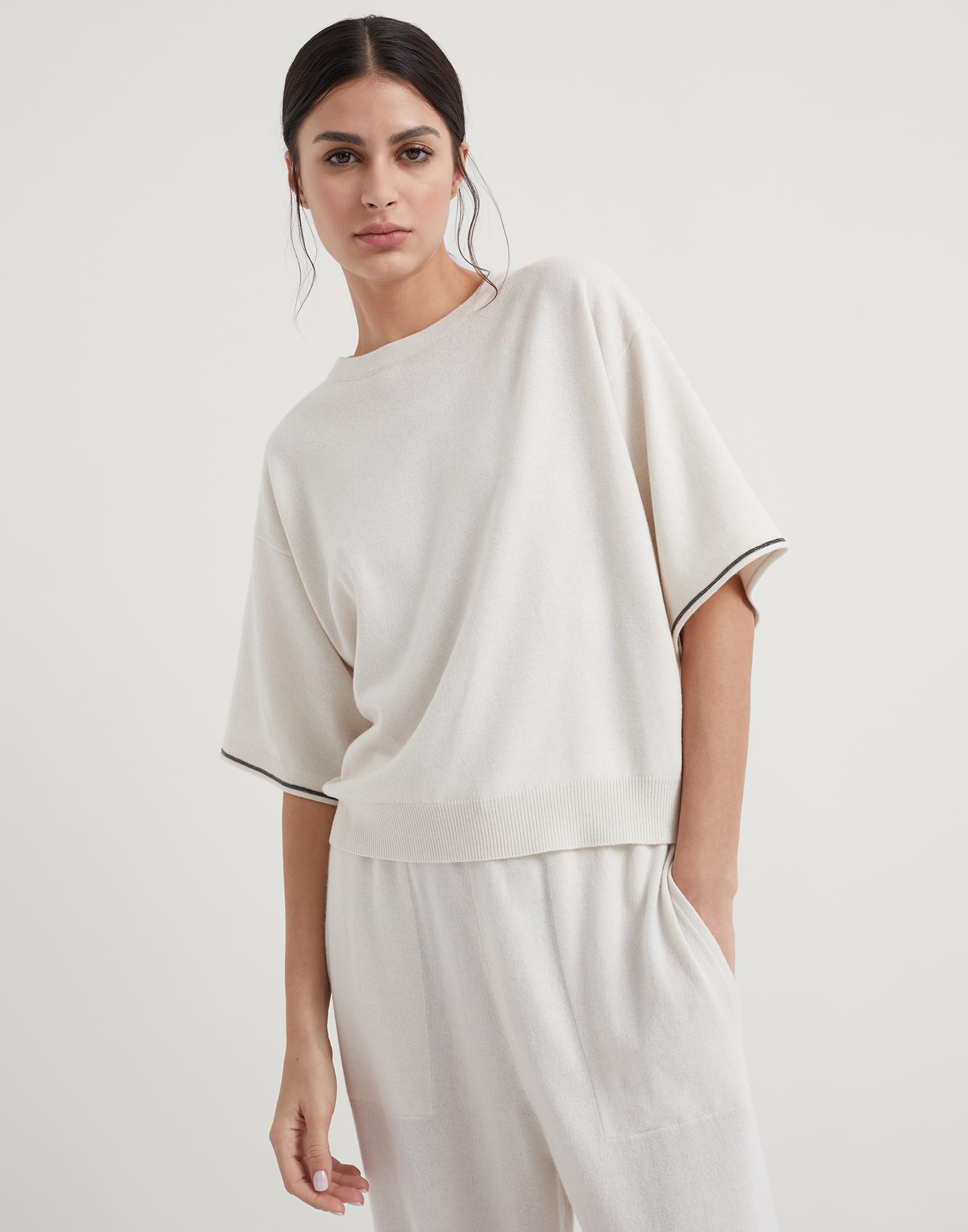 Virgin wool, cashmere and silk sweater with shiny cuff details