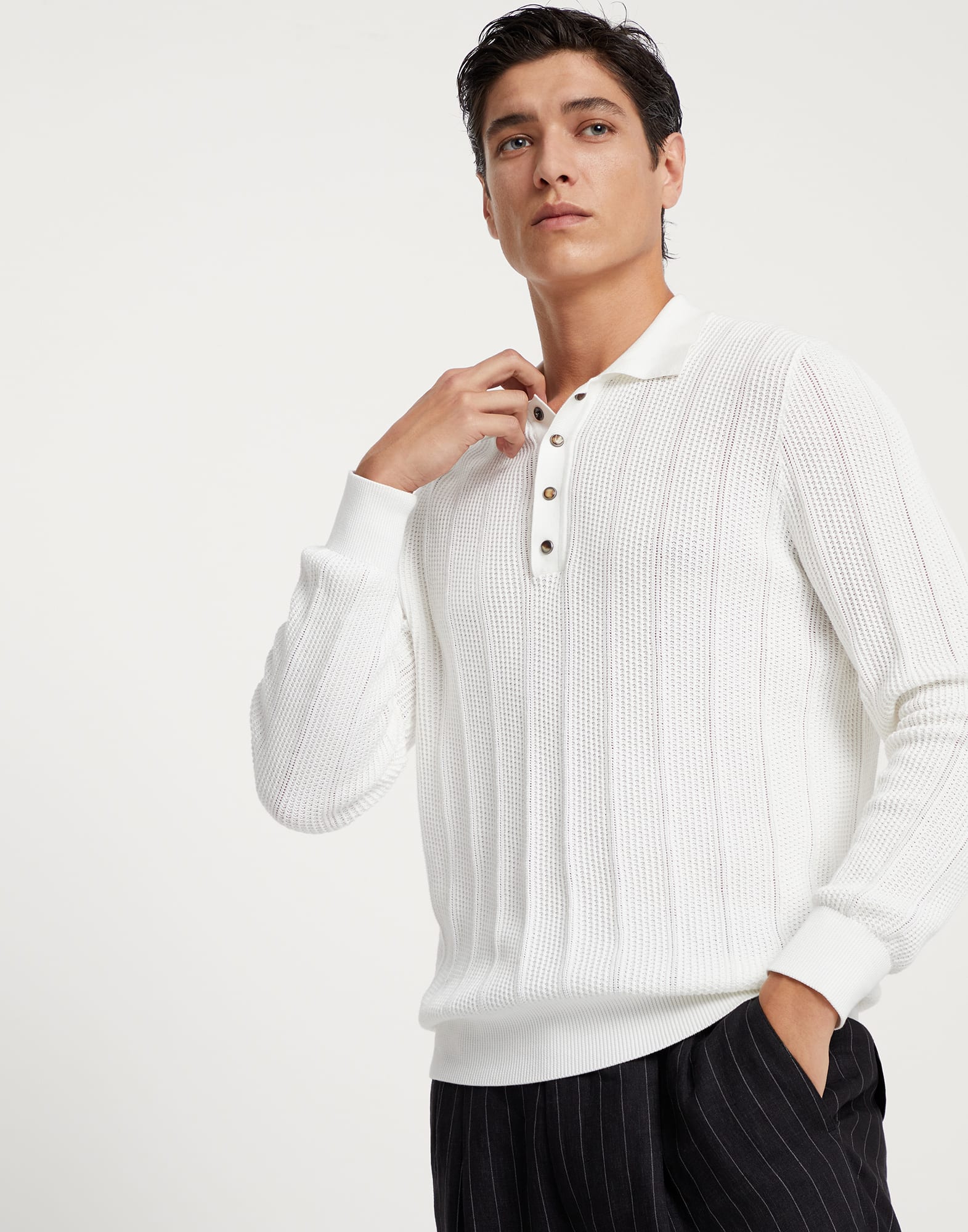 Cotton textured rib knit polo with long sleeves