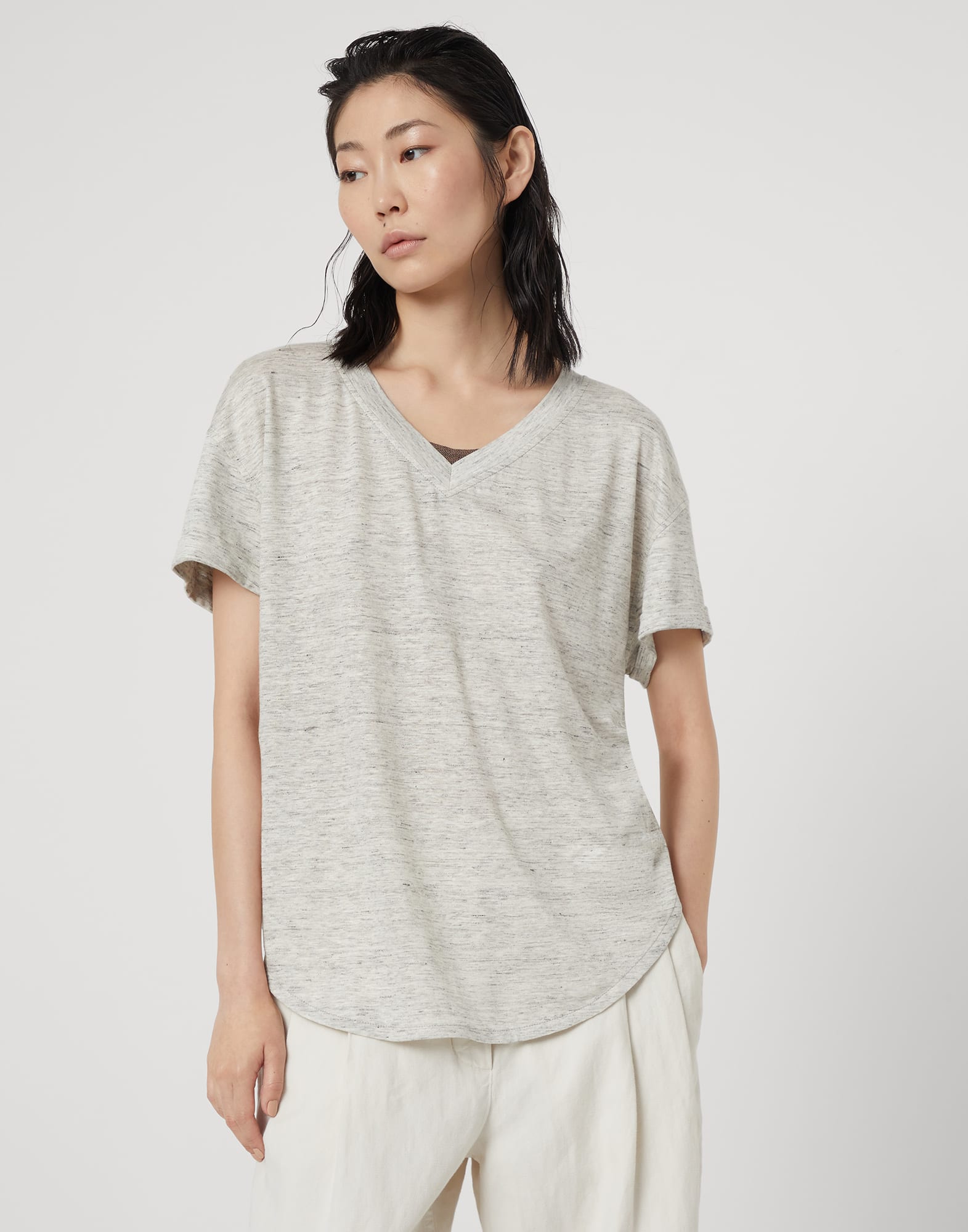 Linen and silk jersey t-shirt with precious insert