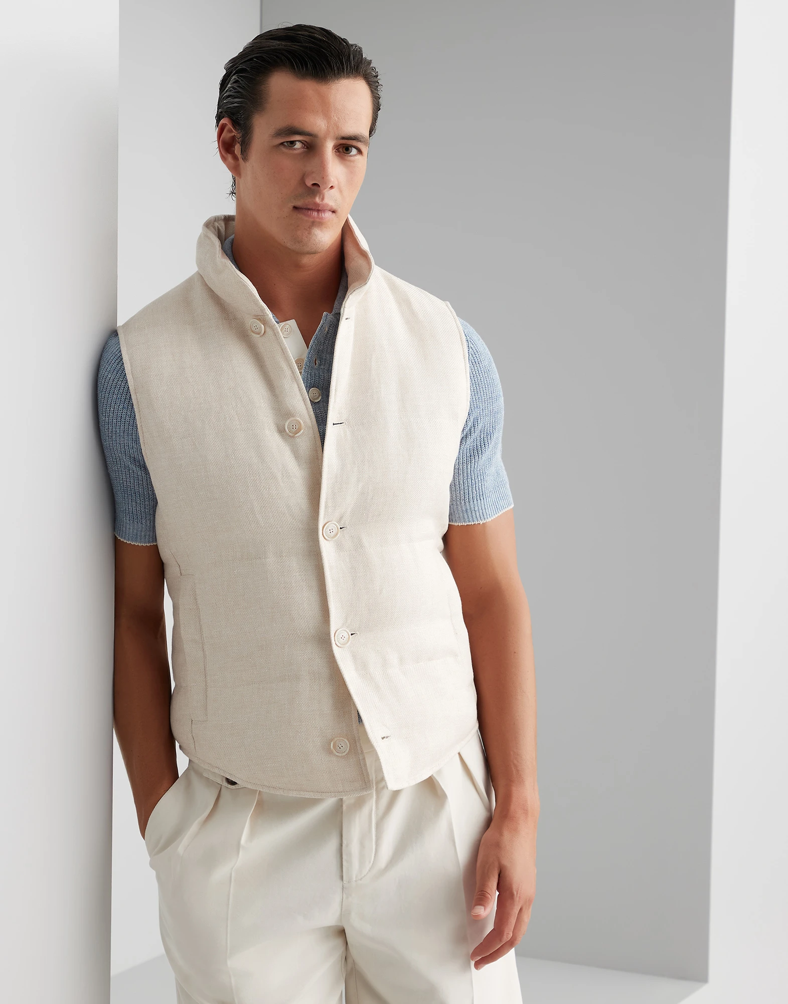 Linen, wool and silk diagonal down vest