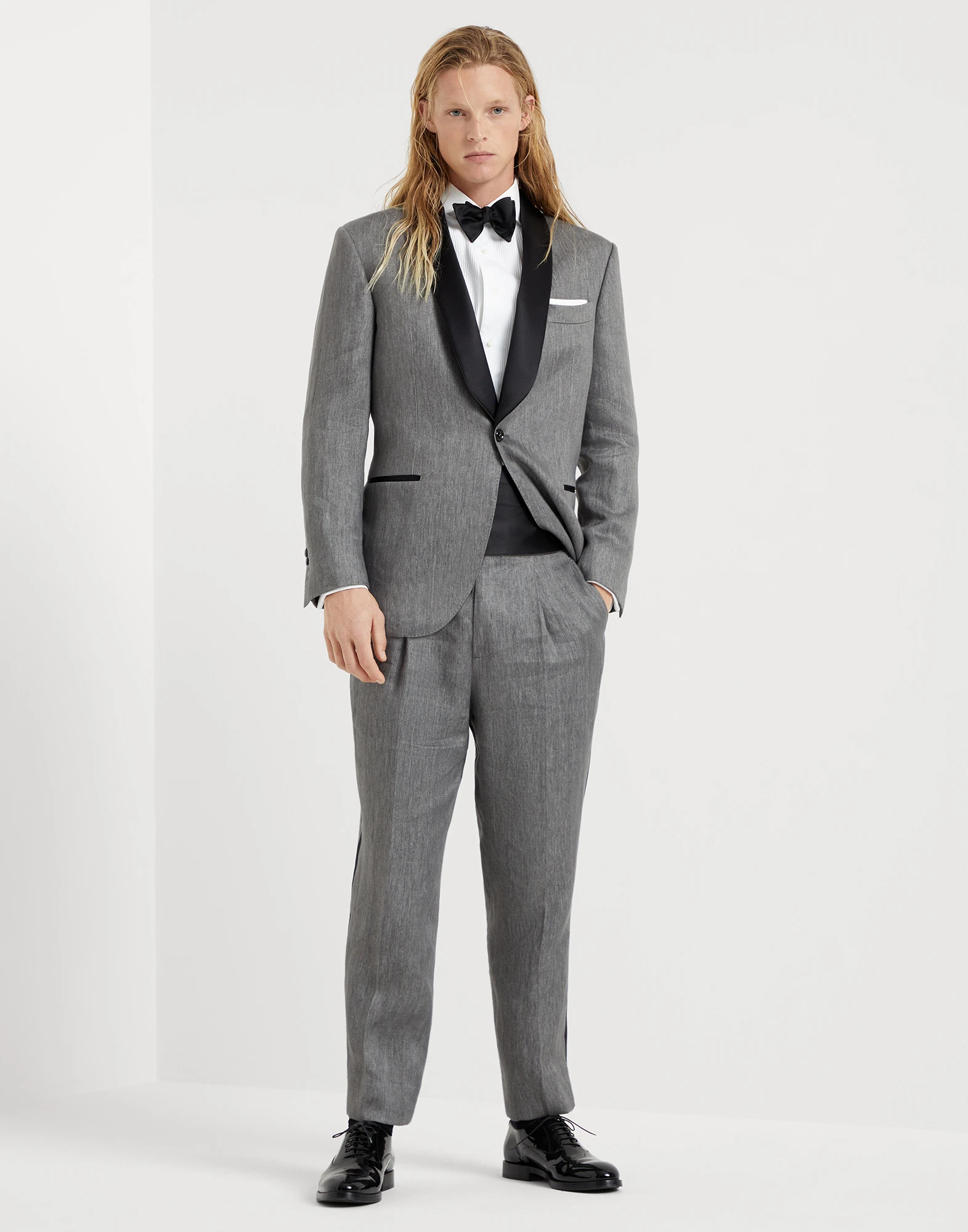 Delave linen satin tuxedo with shawl lapel jacket and pleated trousers