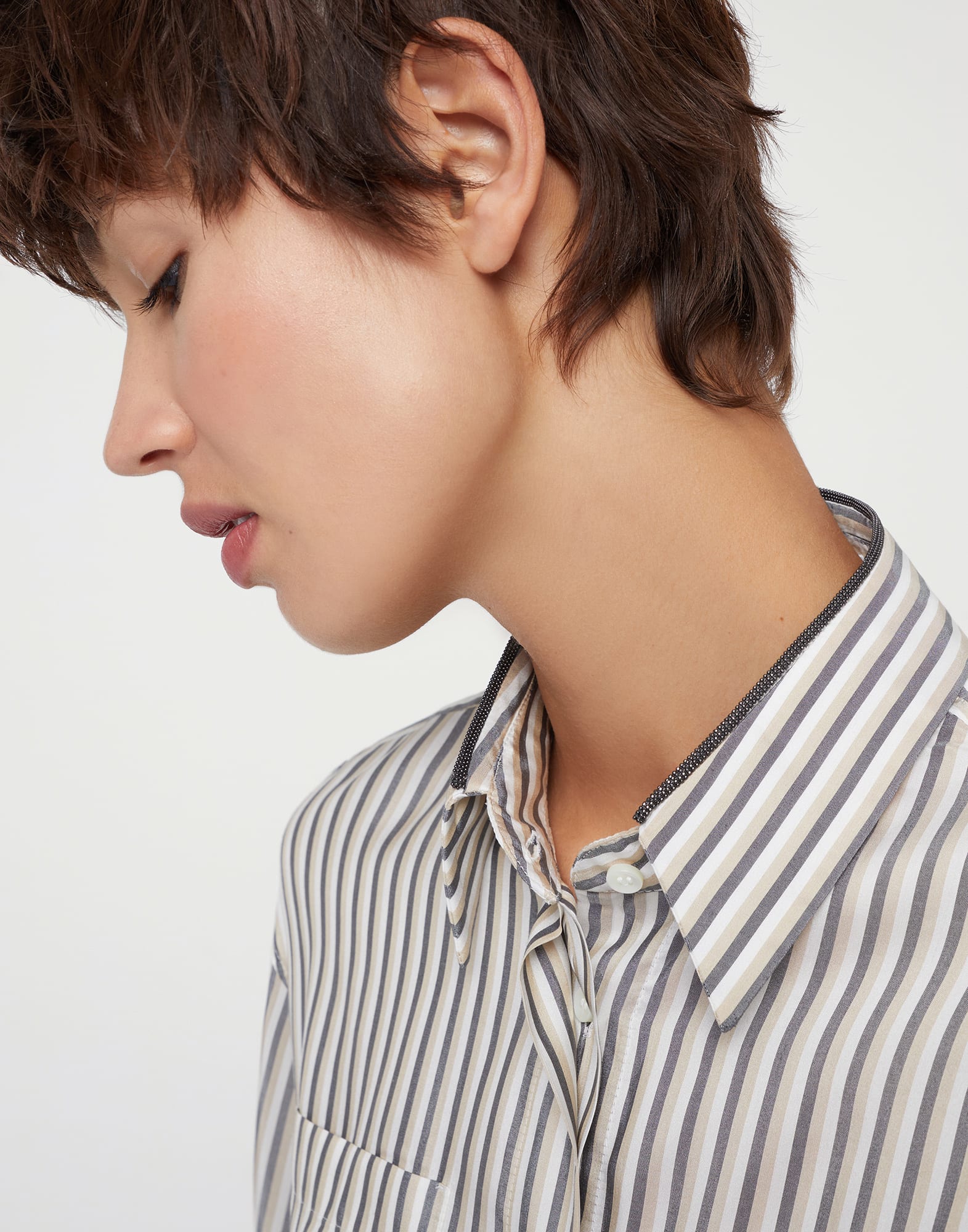 Silk striped poplin shirt with shiny collar