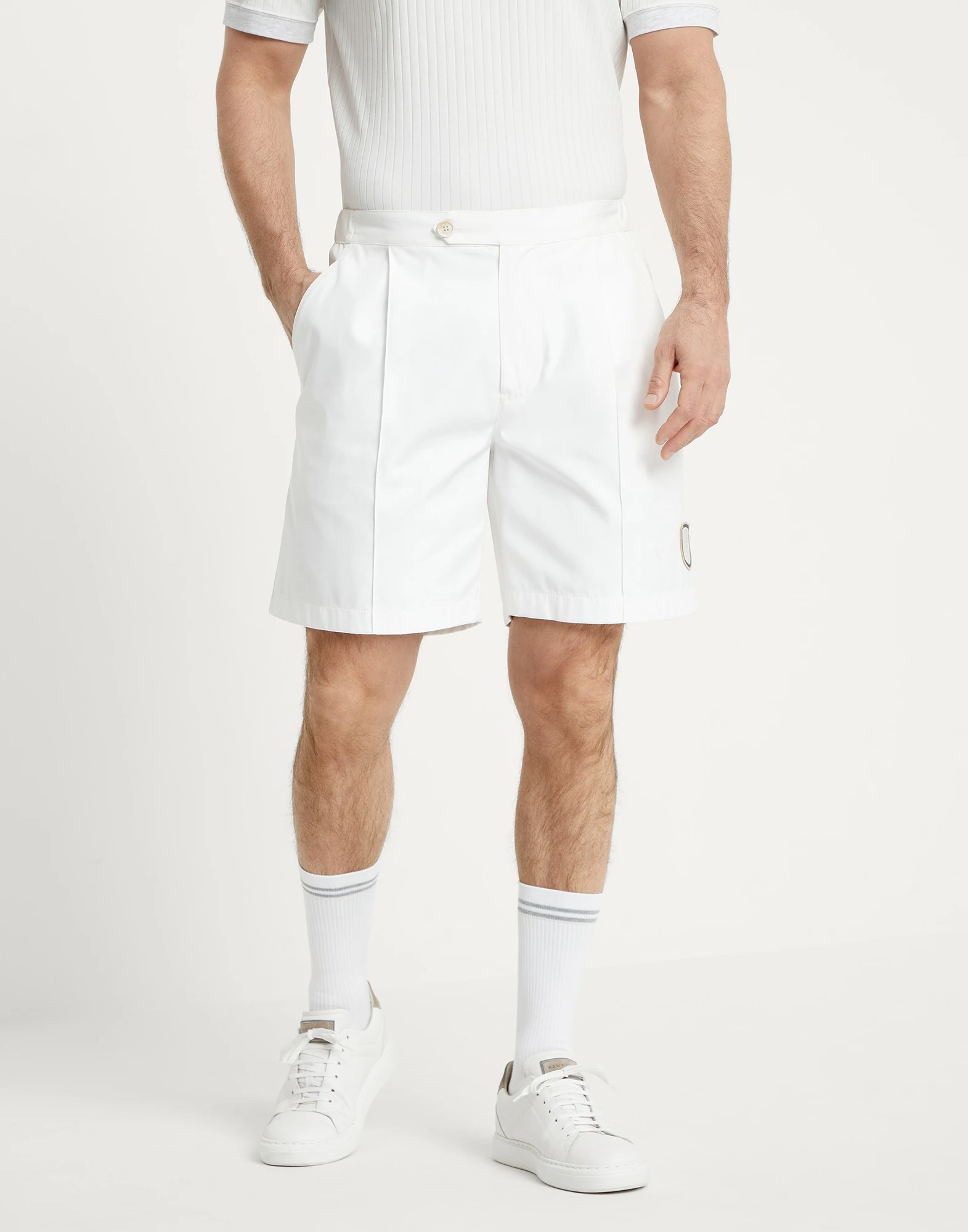 Bonded nylon pleated Bermuda shorts with tabbed waistband and tennis badge