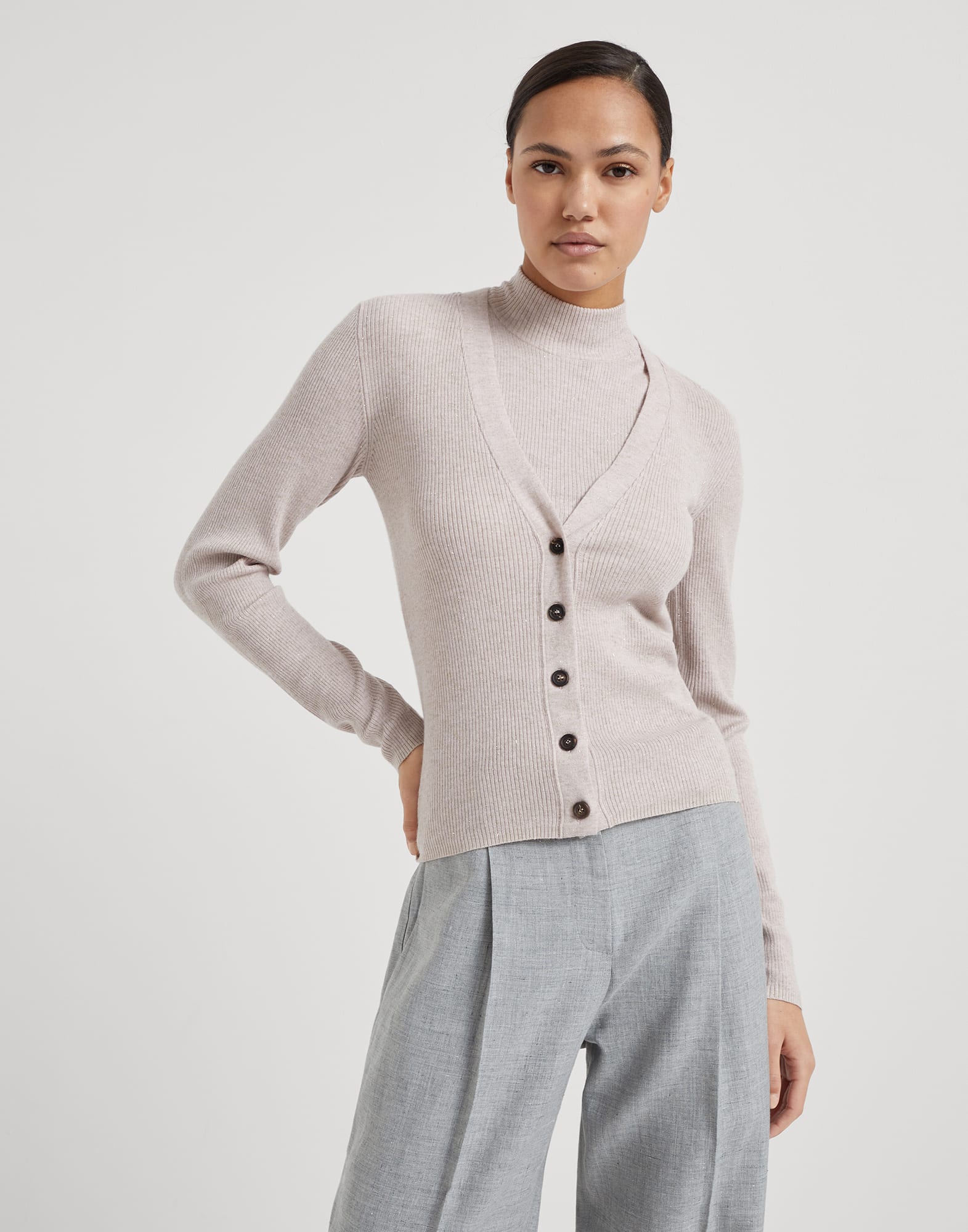 Sparkling cashmere rib knit cardigan
