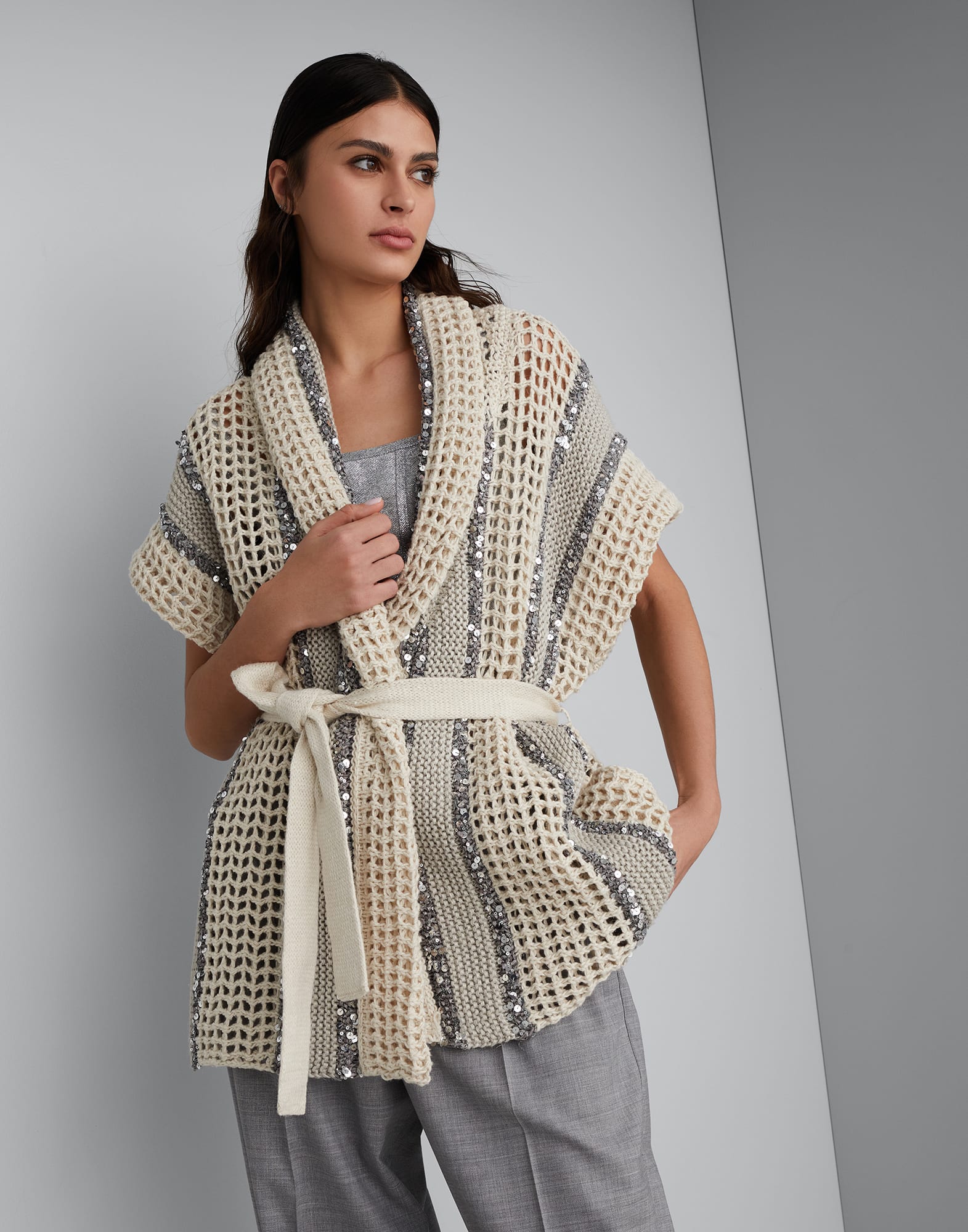 Dazzling stripe net knit cardigan in jute, linen, cotton and silk with belt