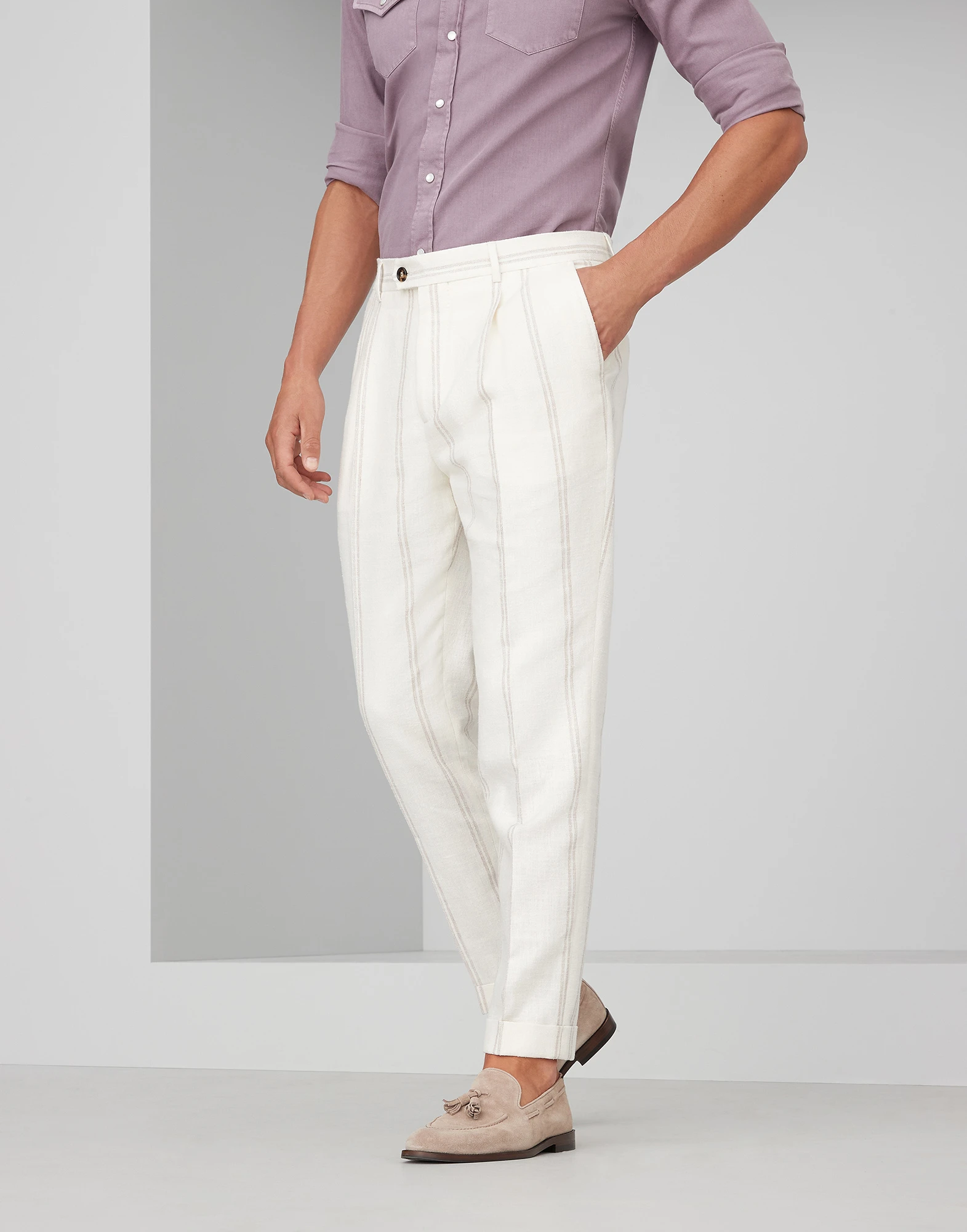 Linen, wool and silk double chalk stripe leisure fit trousers with pleat