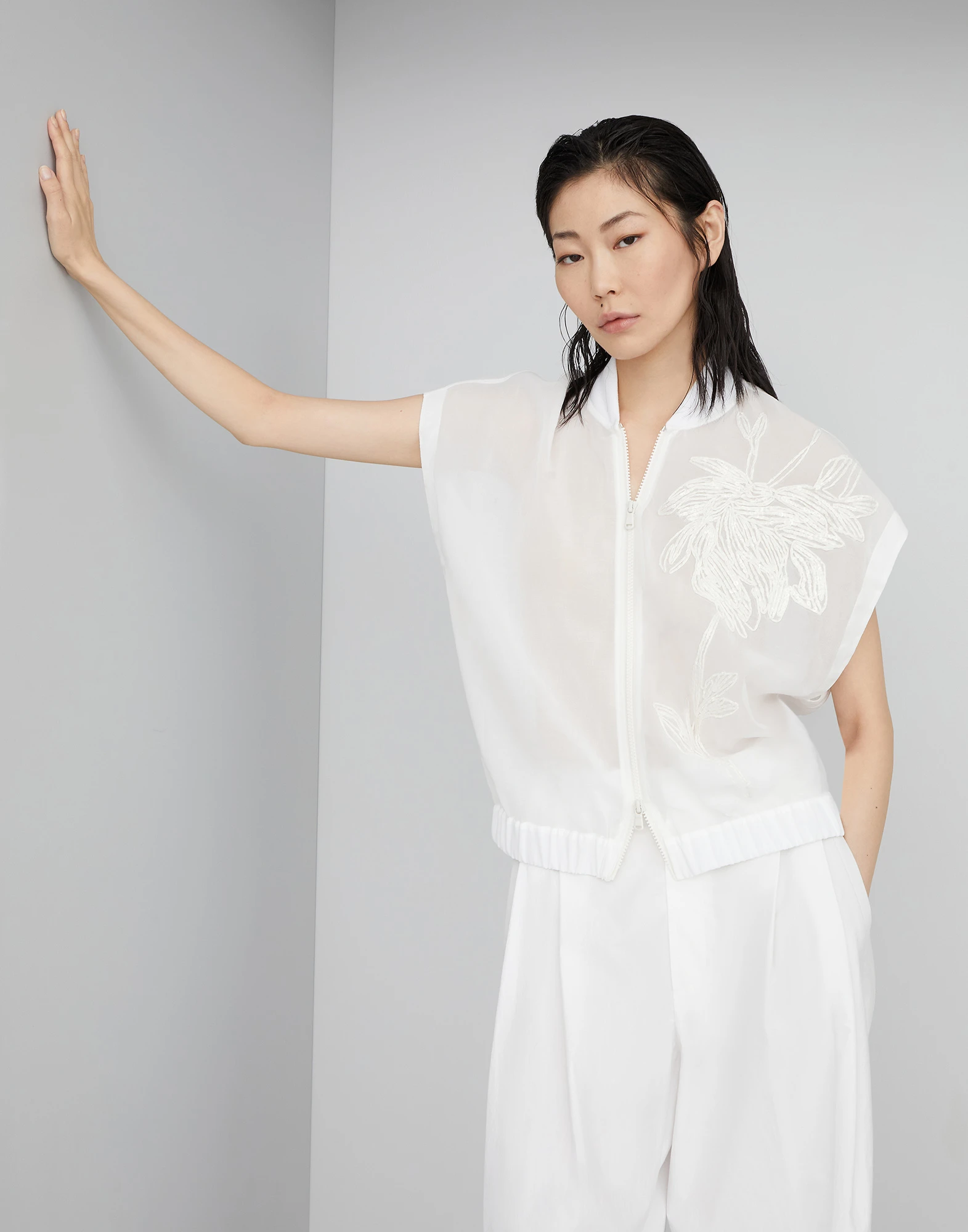 Cotton organza short sleeve bomber jacket with dazzling magnolia embroidery