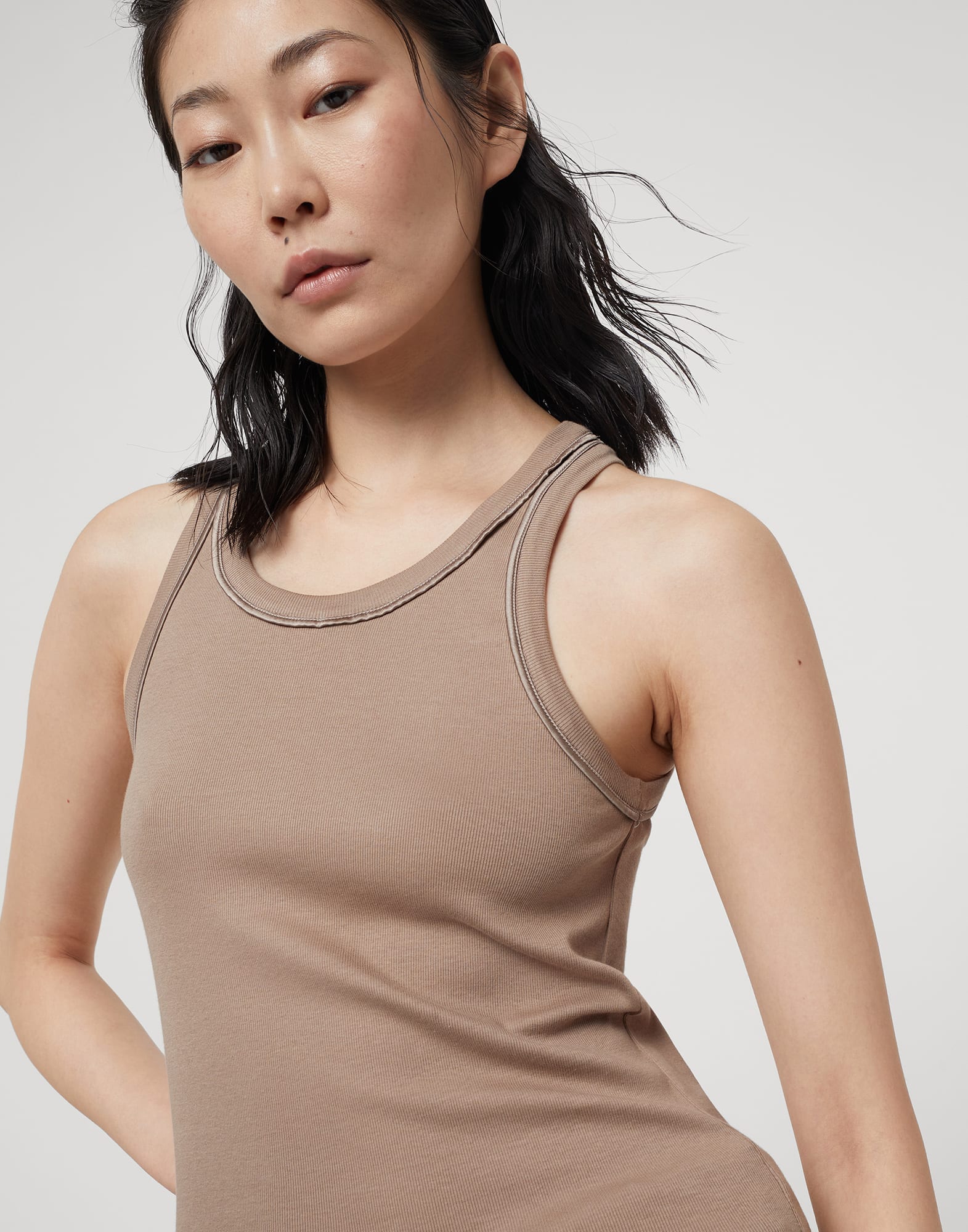 Stretch cotton ribbed jersey top with satin trims