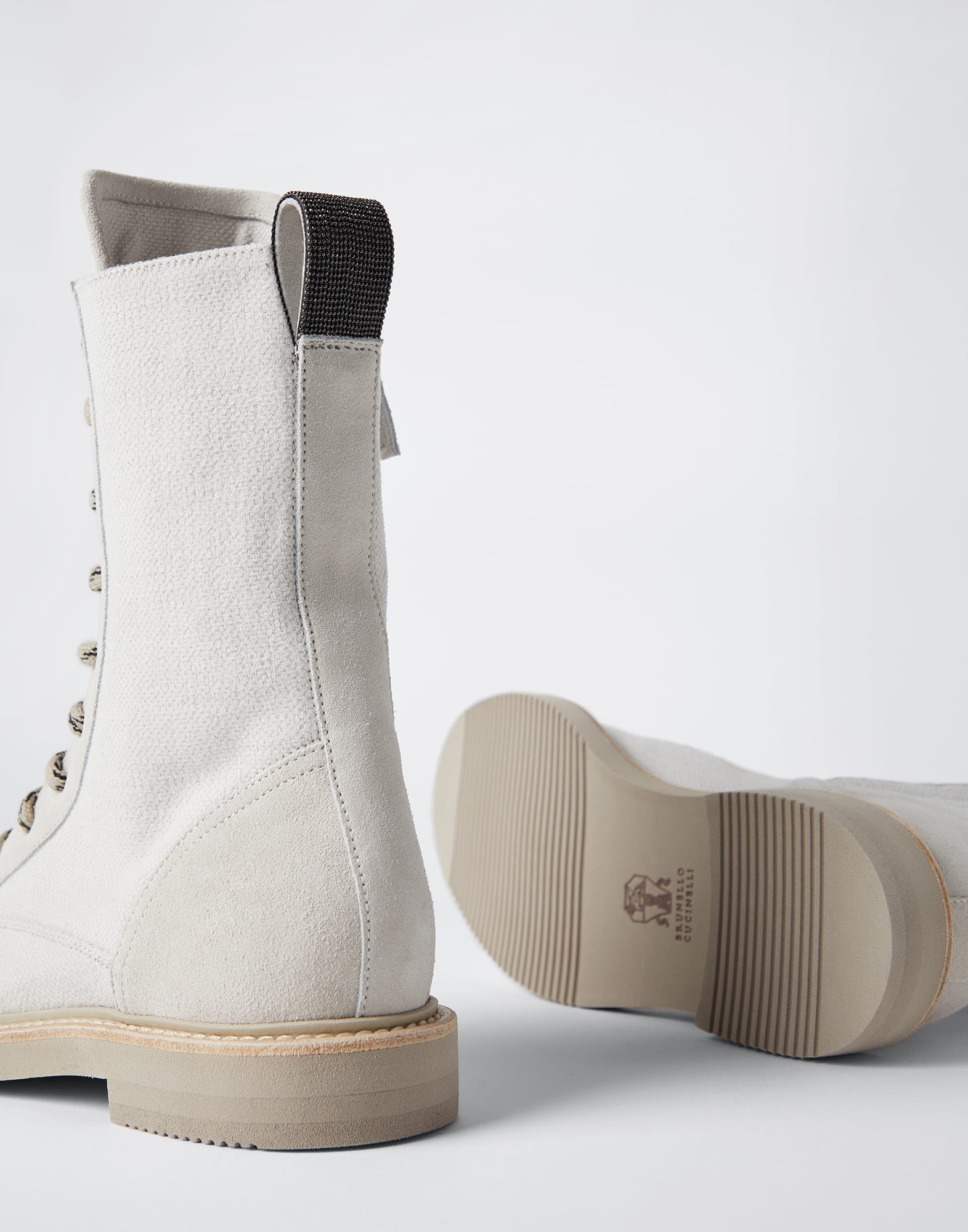 Cotton and linen canvas and calfskin boots with precious detail