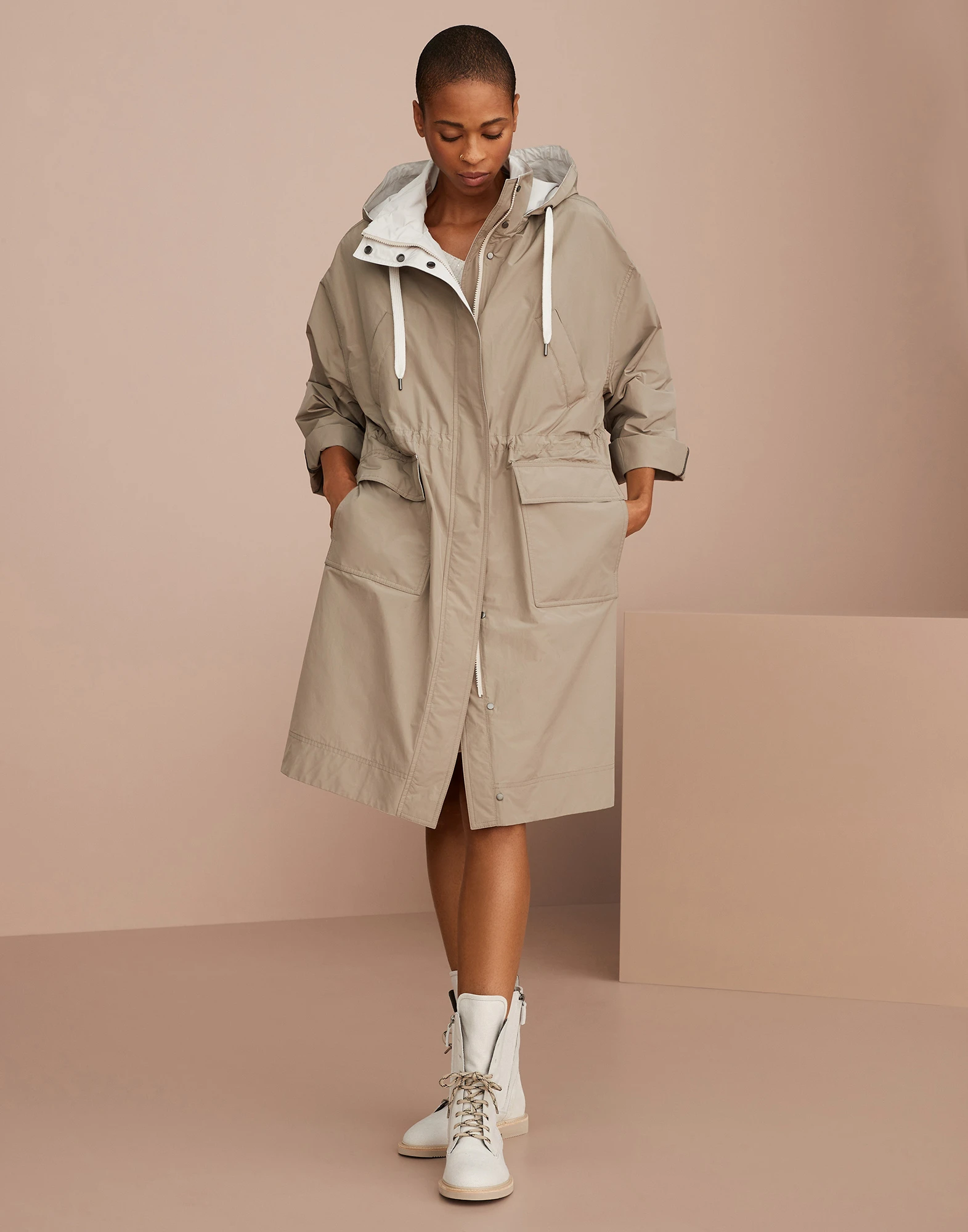 Water-resistant taffeta hooded outerwear jacket with monili