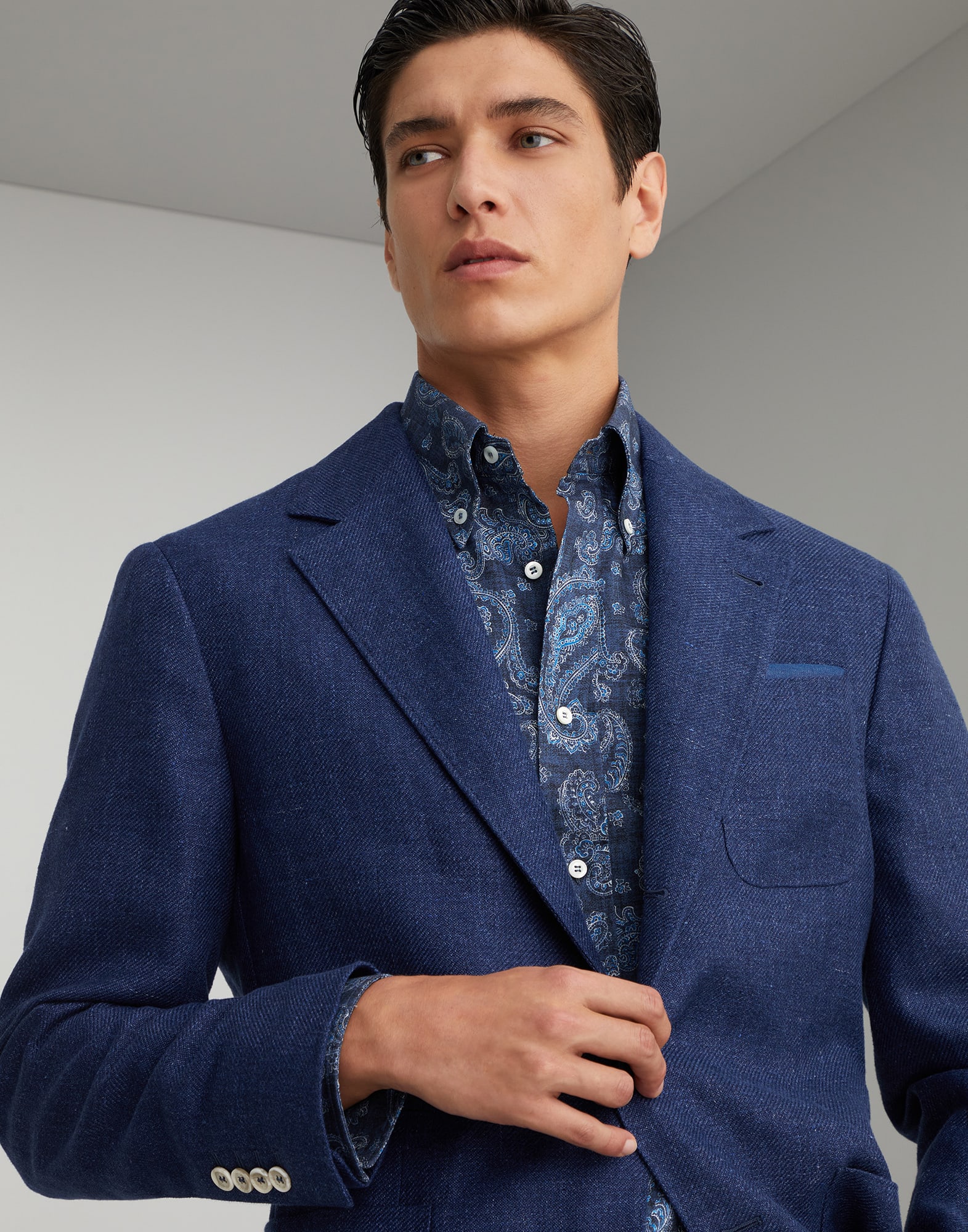 Linen, wool and silk diagonal deconstructed blazer with patch pockets
