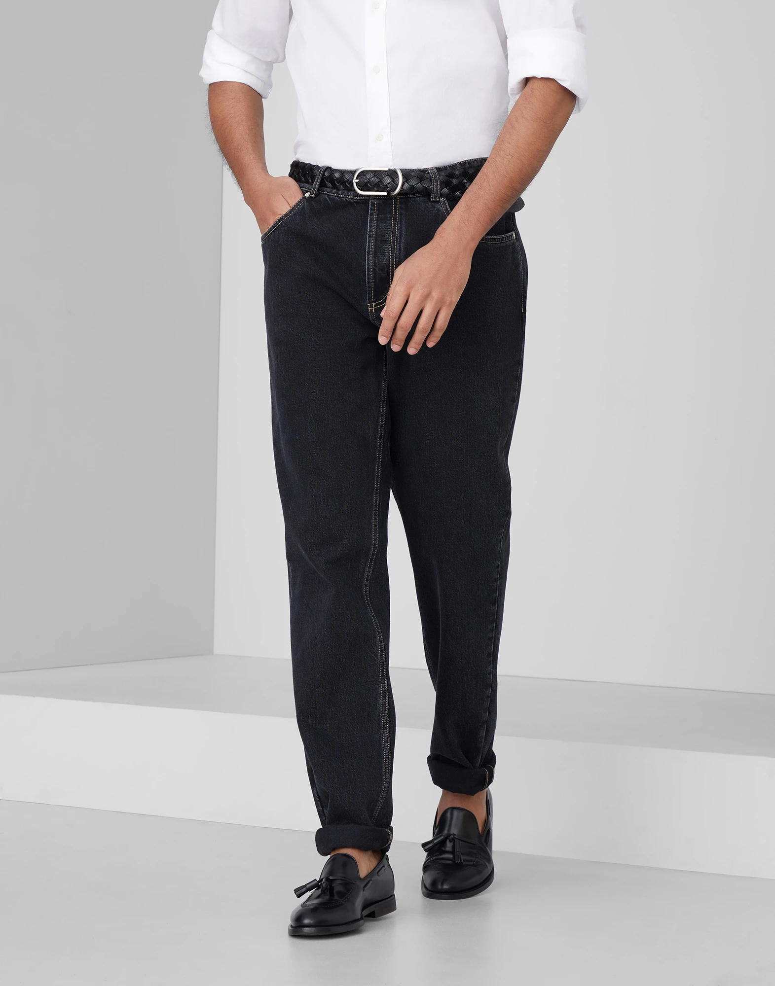 Grayscale denim traditional fit five-pocket trousers