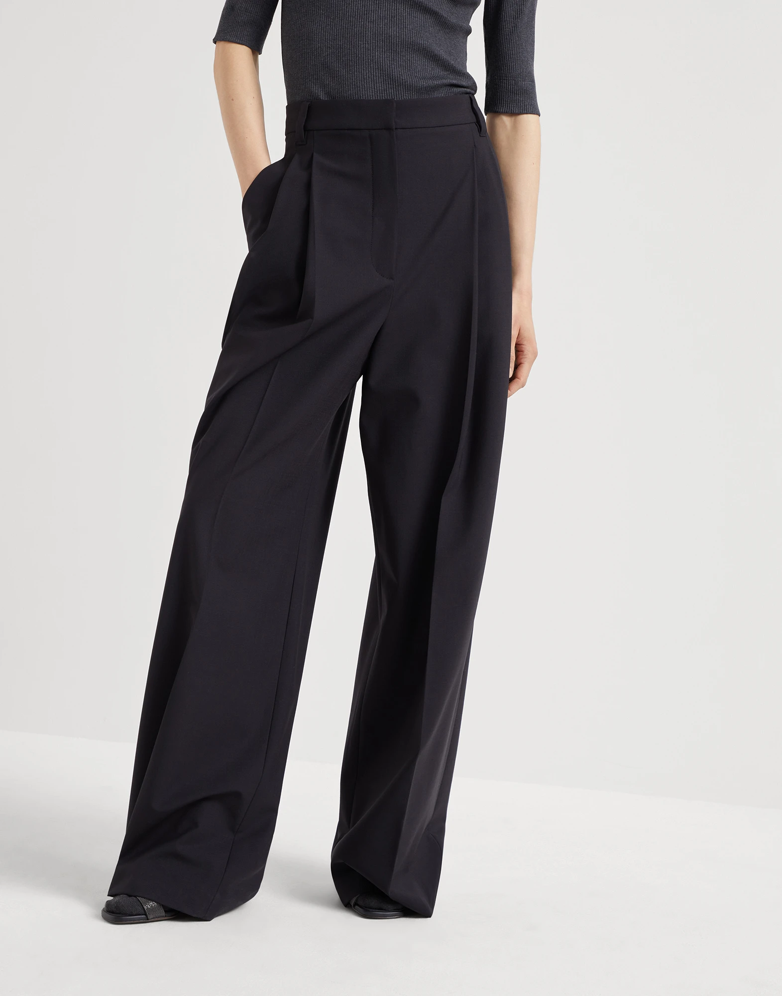 Tropical luxury wool high waist wide trousers with monili