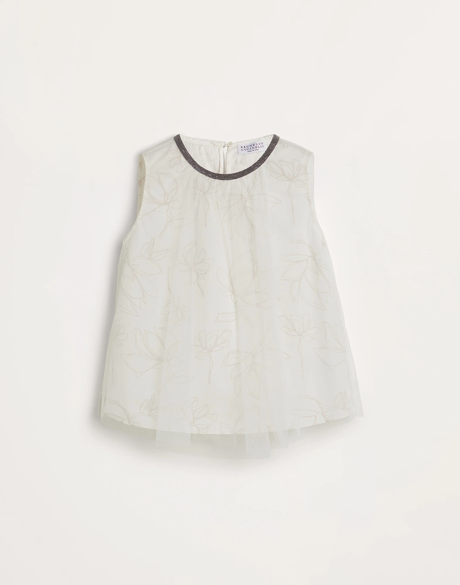 Flower doodle cotton poplin and tulle top with monili