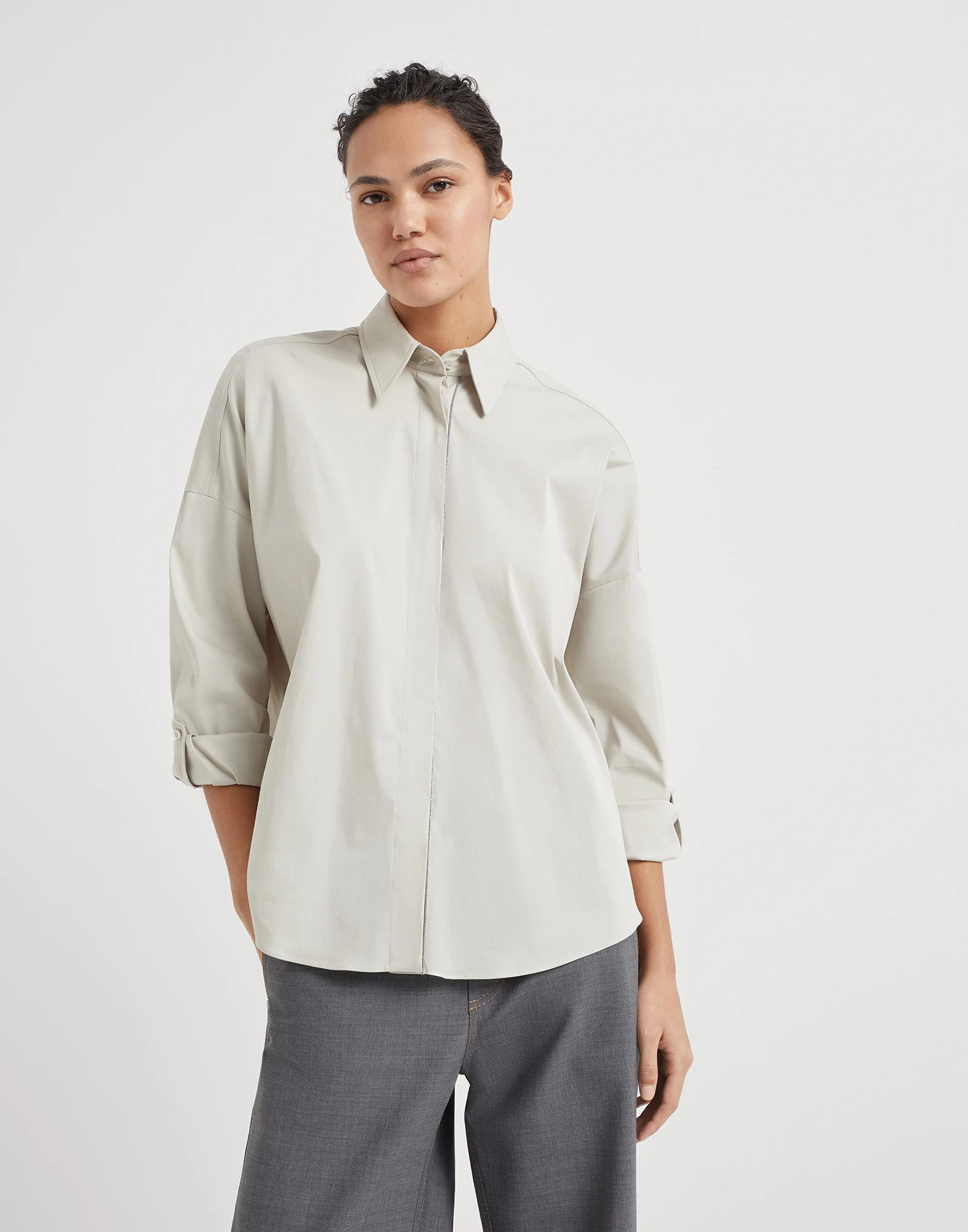 Stretch cotton poplin shirt with shiny trim