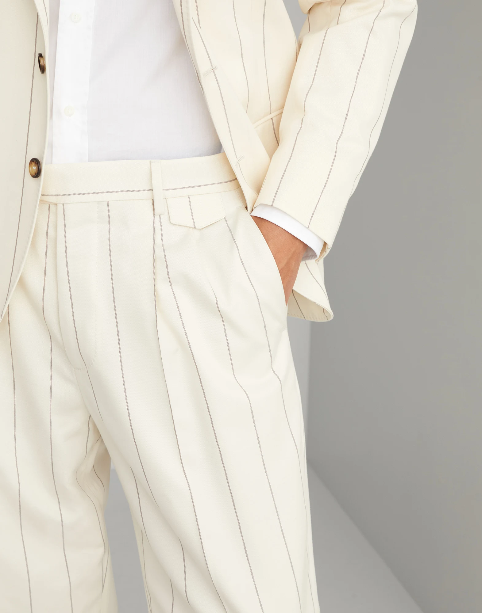 Wool and Sea Island cotton chalk stripe gabardine leisure fit double-pleated trousers with tabbed waistband