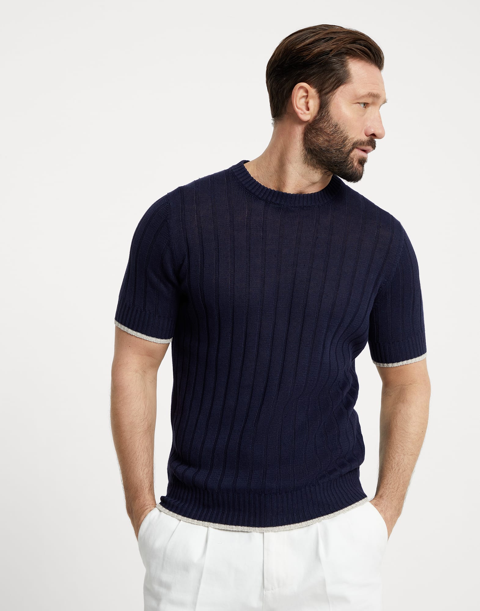 Linen and cotton flat rib knit T-shirt