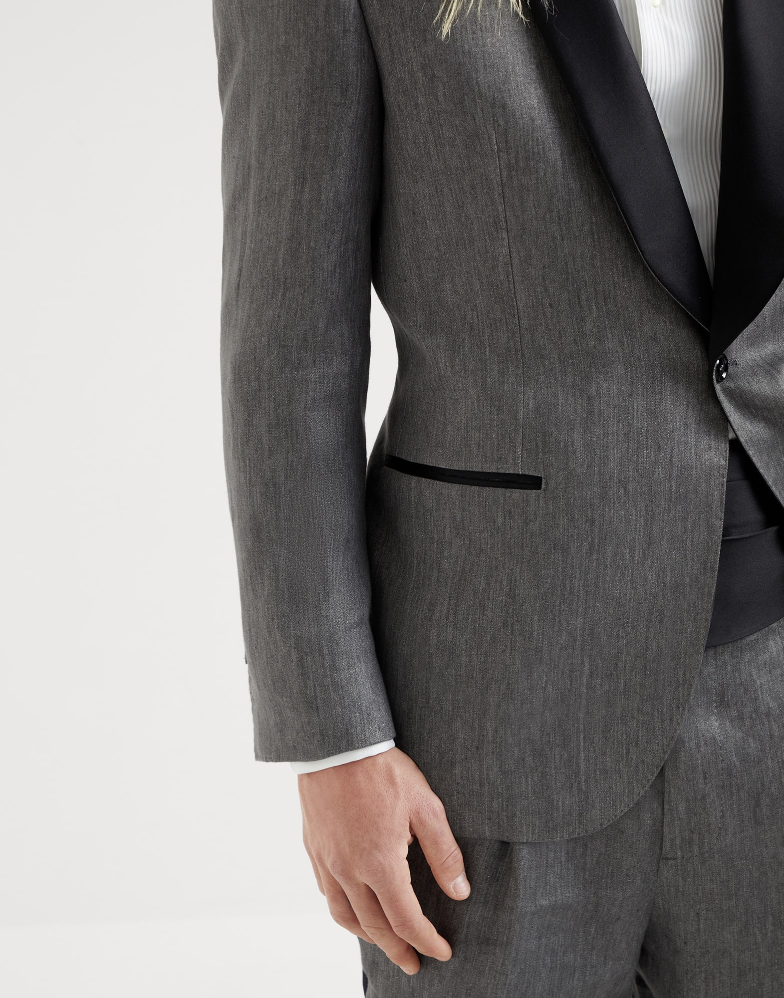 Delave linen satin tuxedo with shawl lapel jacket and pleated trousers