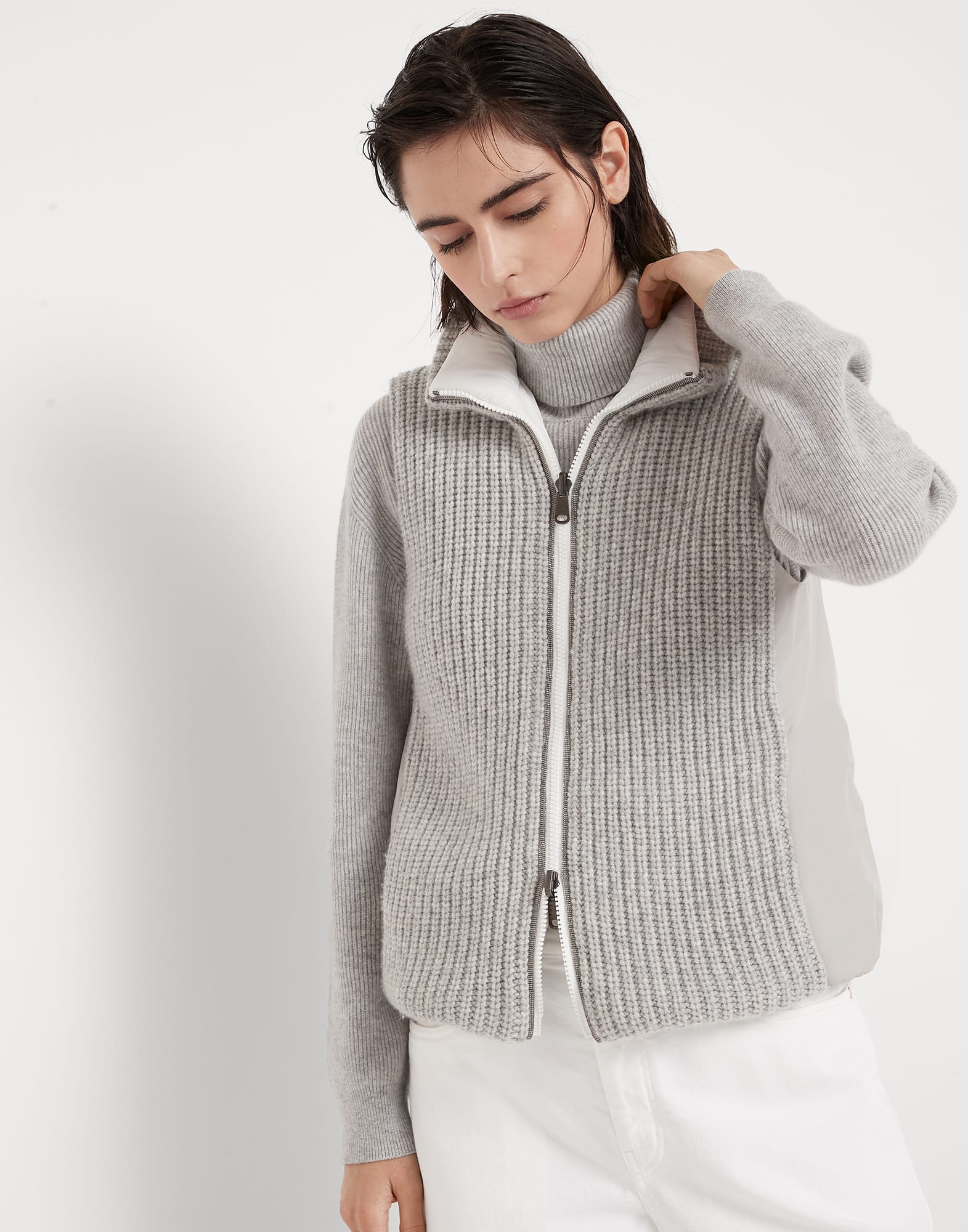 Cashmere Feather yarn reversible knit down vest with monili