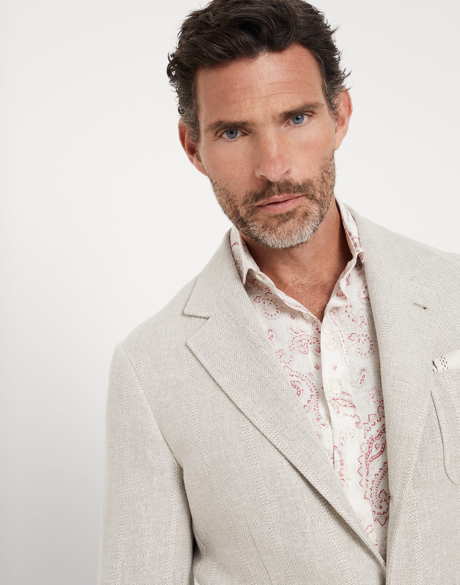 Linen, silk, wool and cotton textured chalk stripe deconstructed blazer with patch pockets