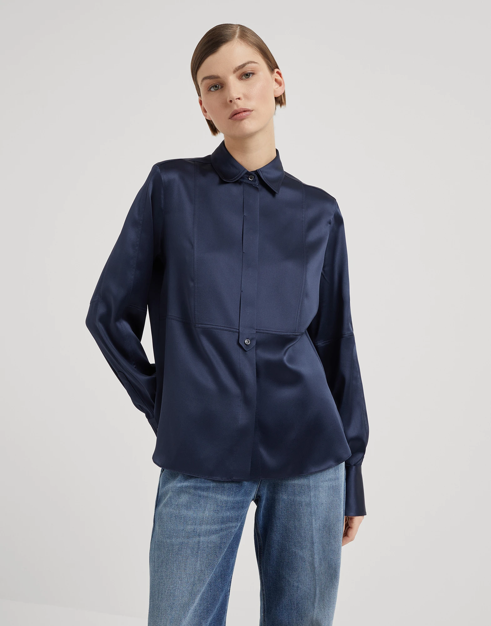 Stretch silk satin shirt with monili