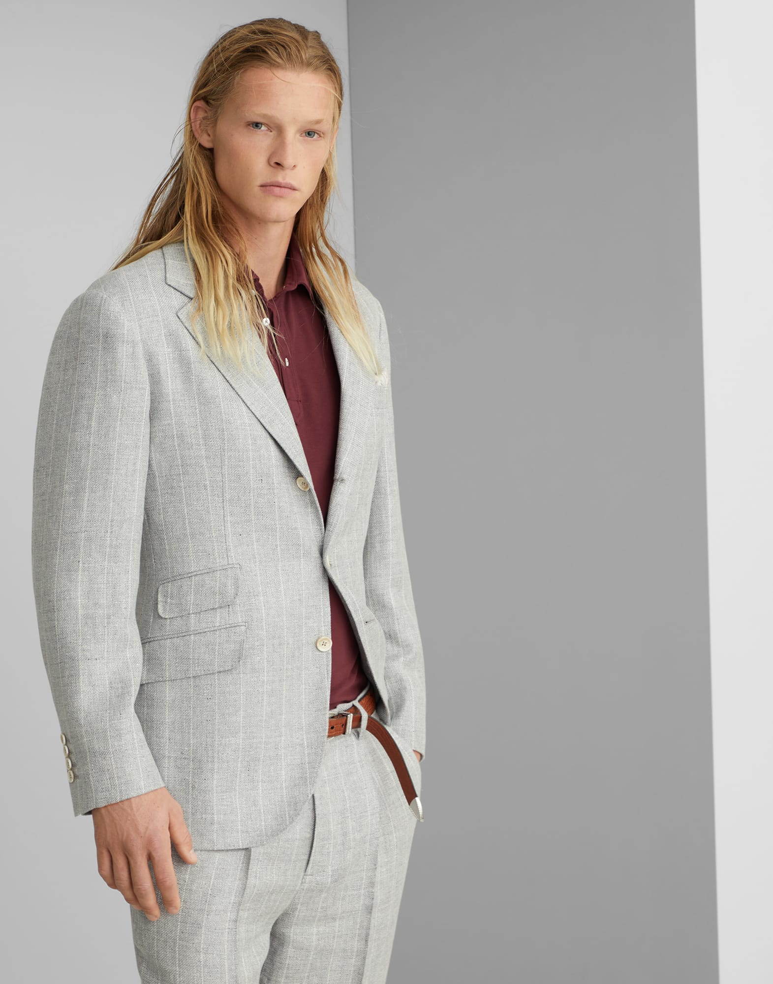 Linen, wool and silk chalk stripe deconstructed Cavallo blazer