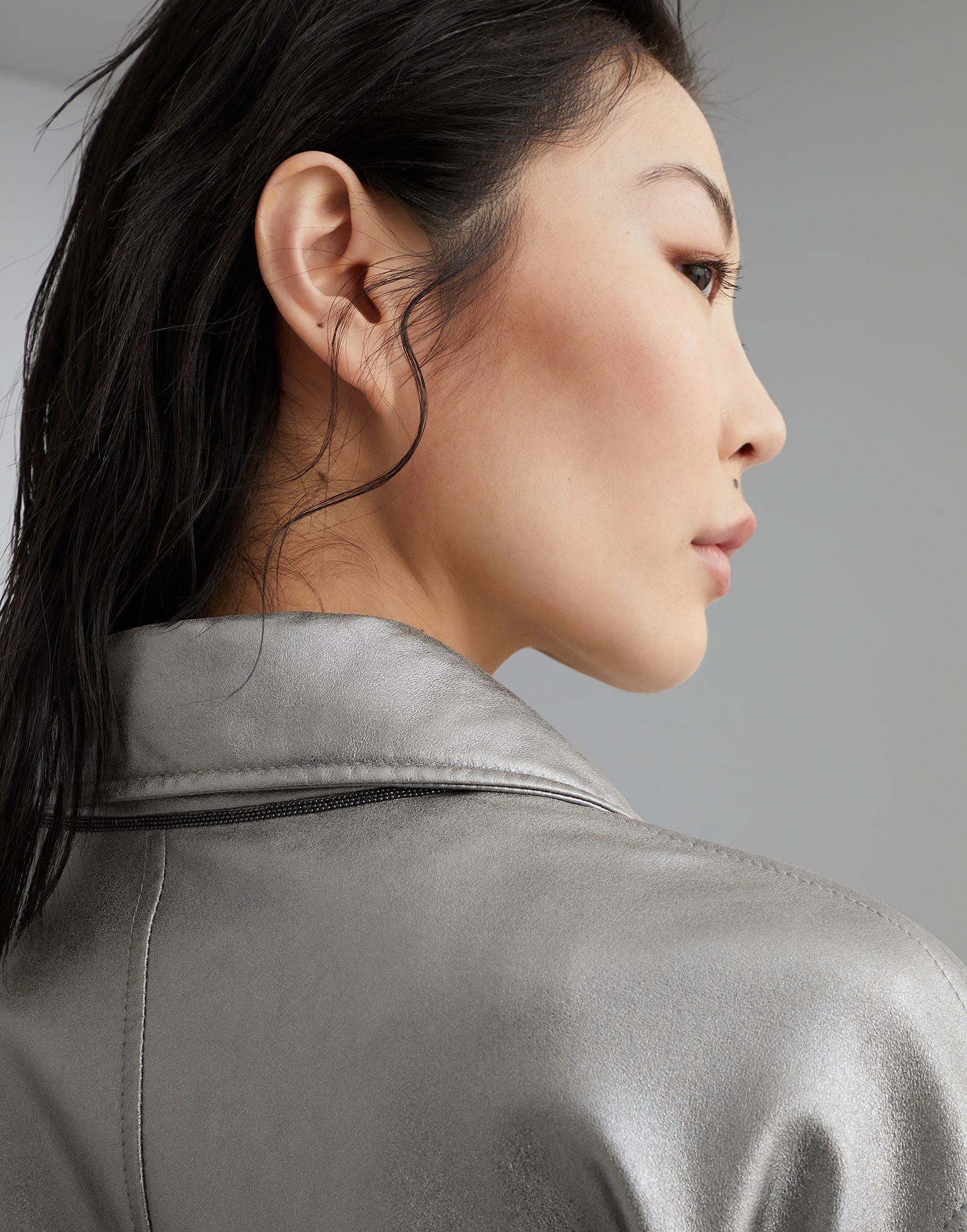 Lame suede trench with monili