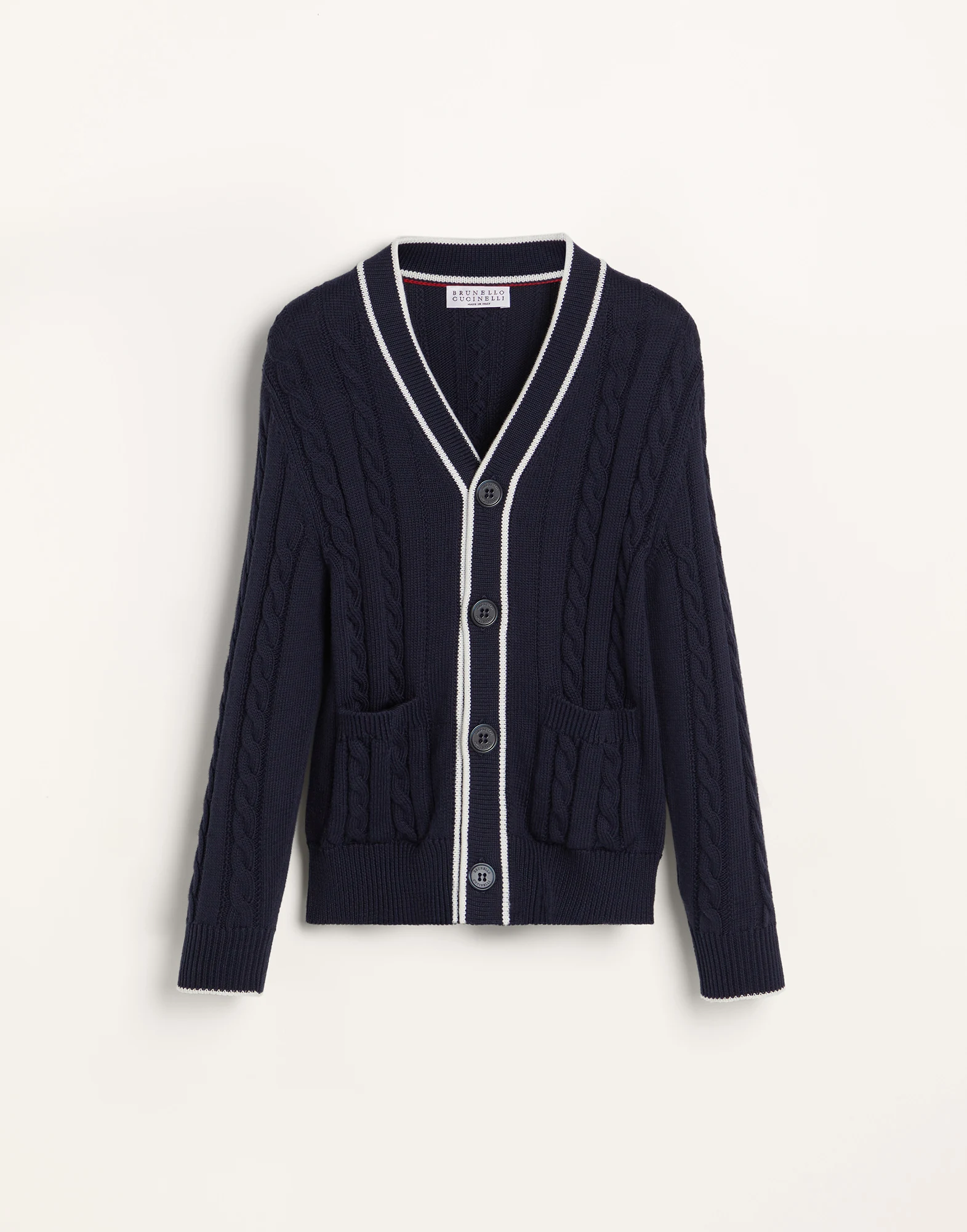 Cotton cable knit cardigan with contrast details