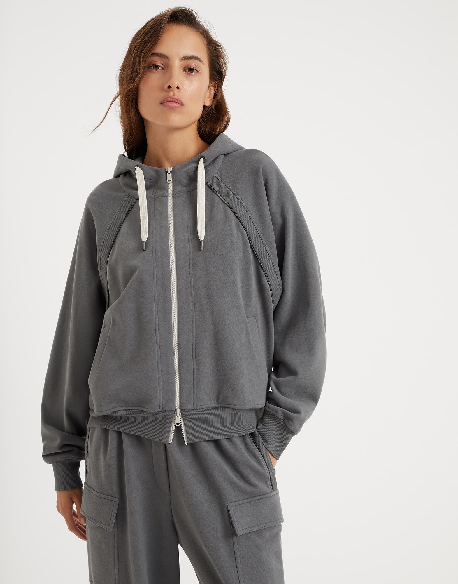 Cotton smooth French terry hooded sweatshirt with shiny piping