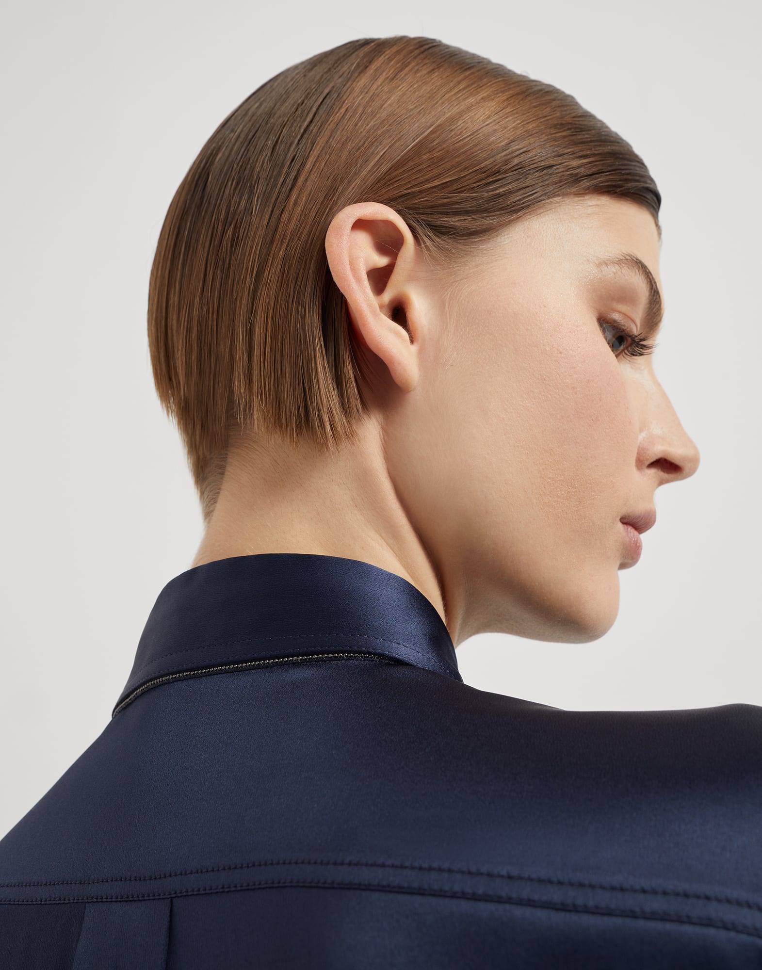 Stretch silk satin shirt with monili