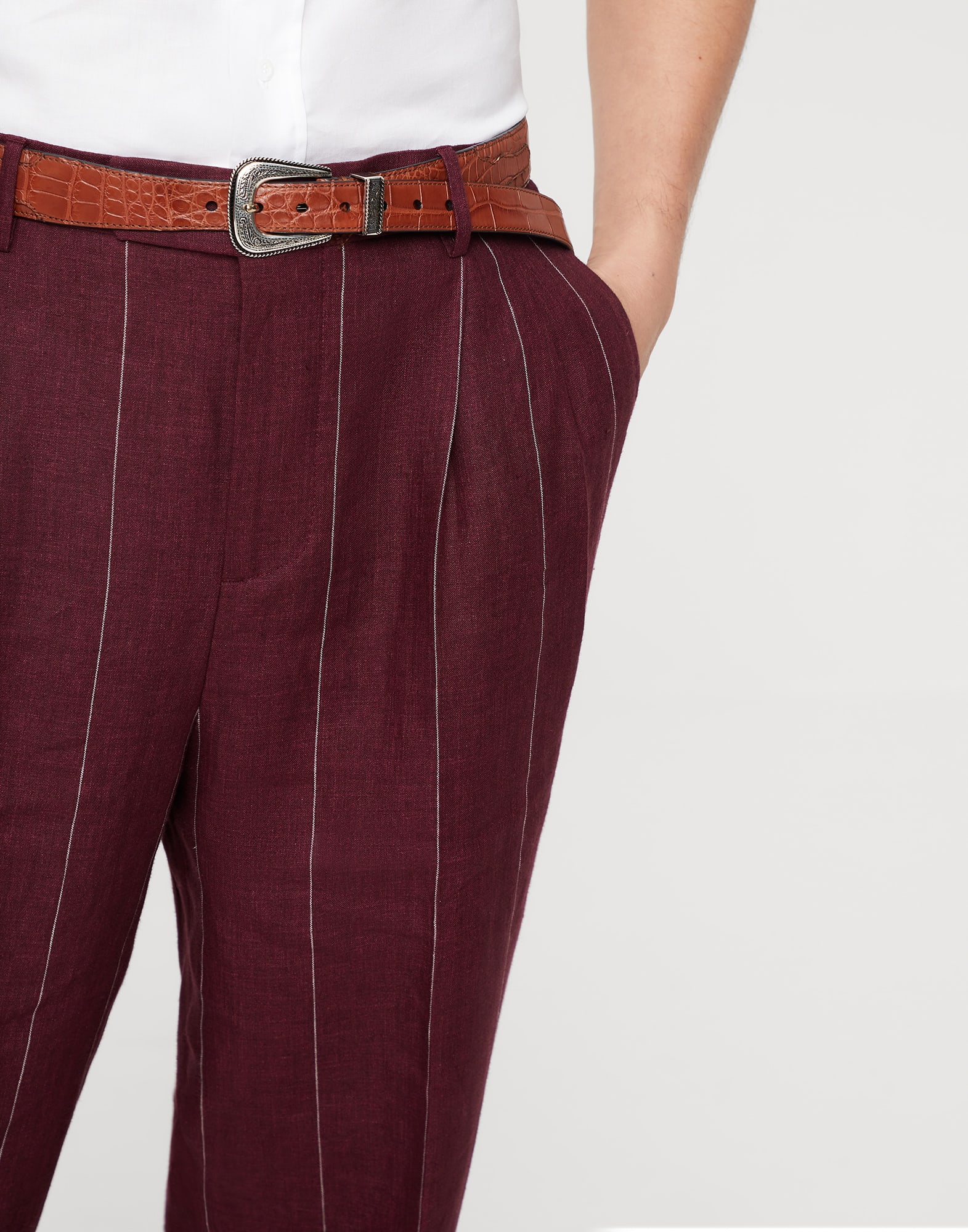 Linen wide chalk stripe easy fit trousers with double pleats and waist tabs