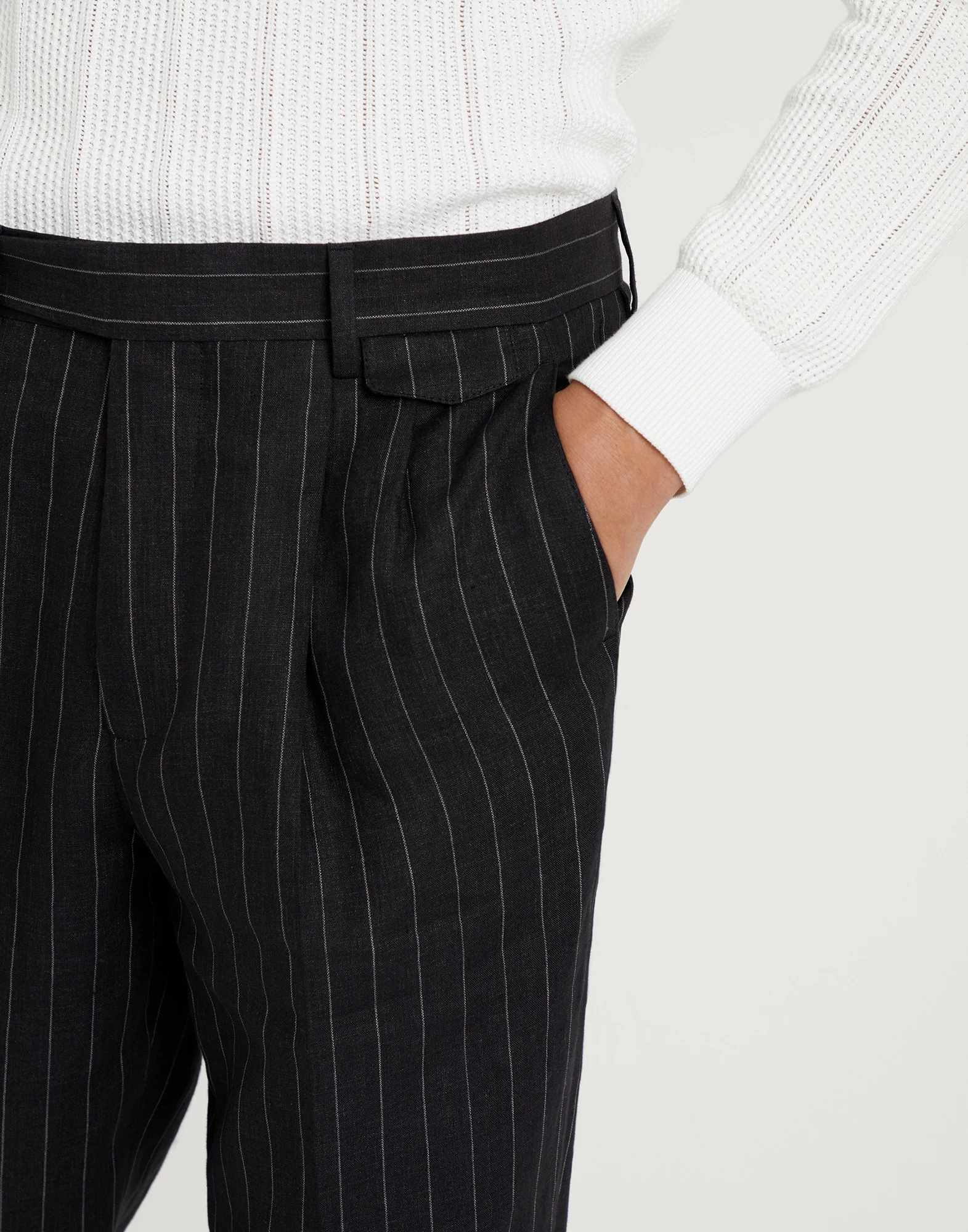 Linen chalk stripe leisure fit trousers with double pleats and tabbed waistband