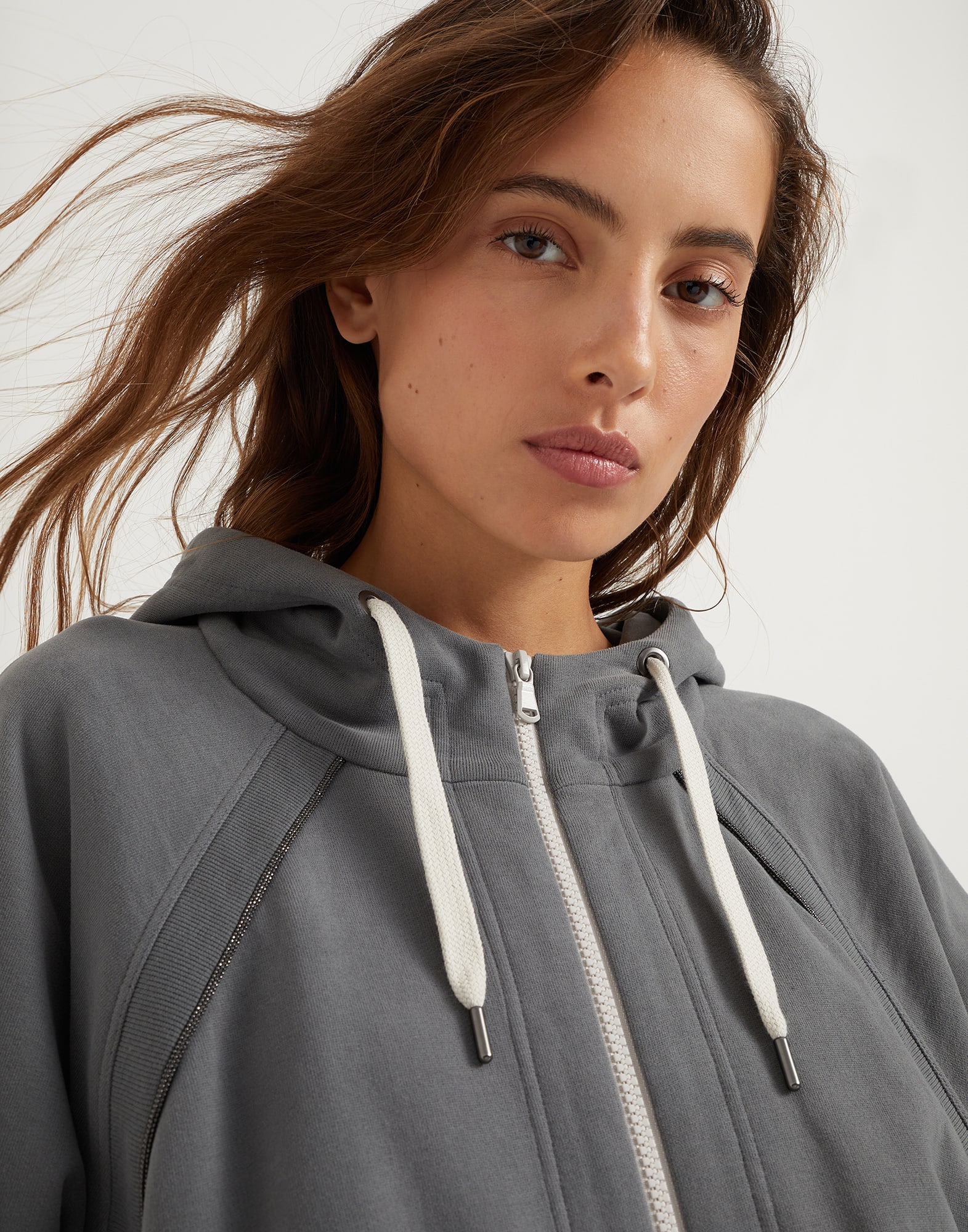 Cotton smooth French terry hooded sweatshirt with shiny piping