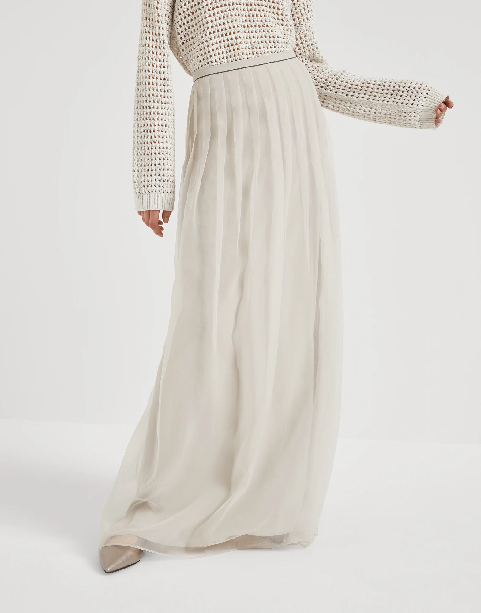 Crispy silk pleated maxi skirt with monili