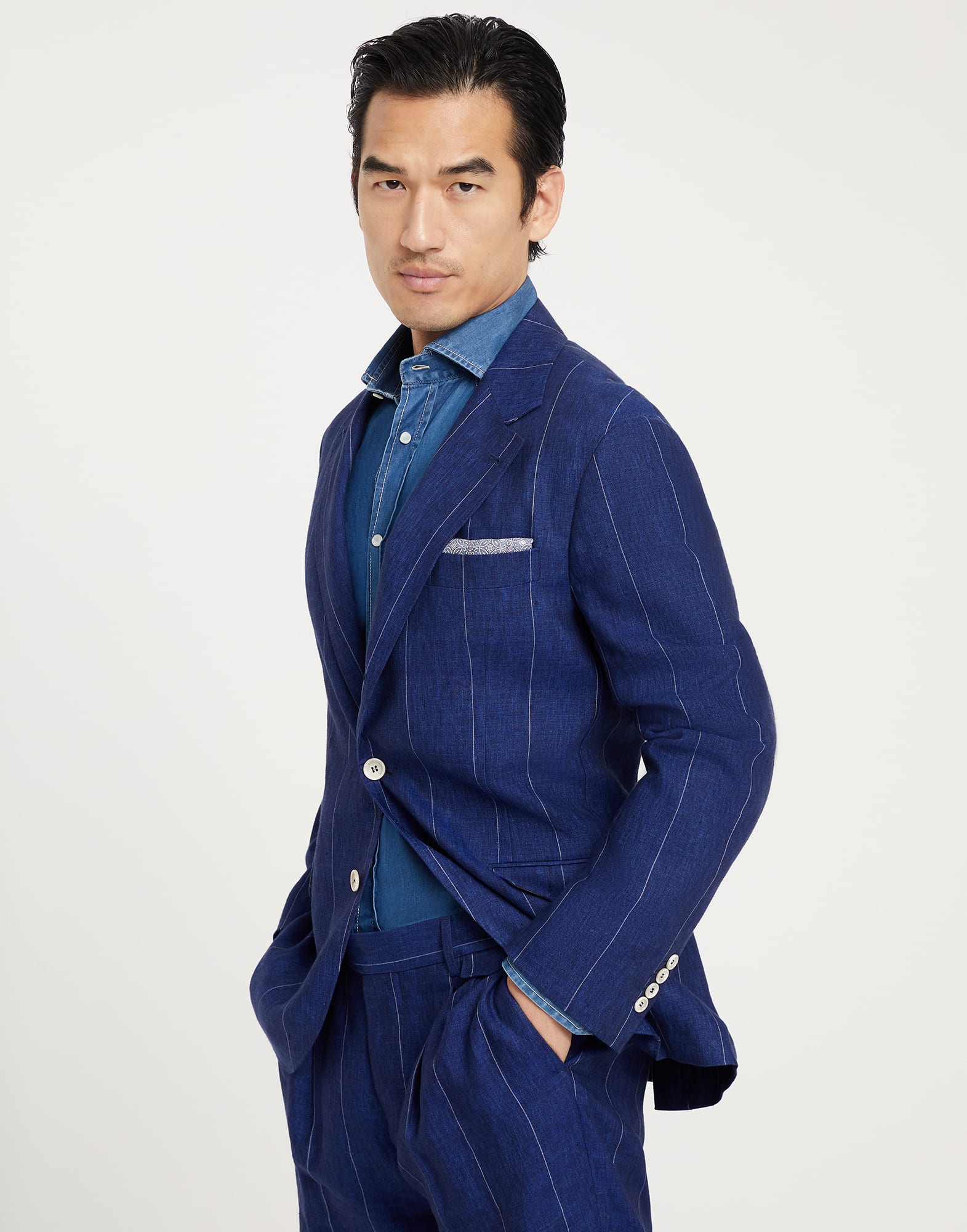 Linen wide chalk stripe deconstructed blazer