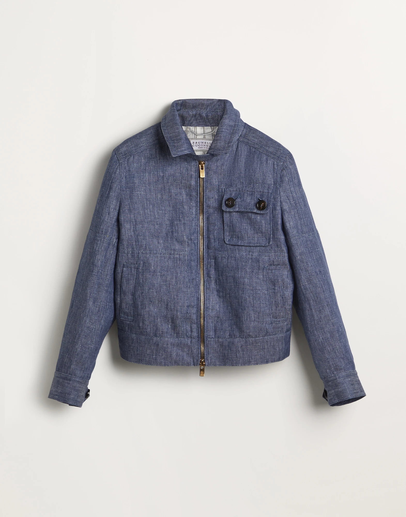 Denim-effect linen outerwear jacket with chest pocket