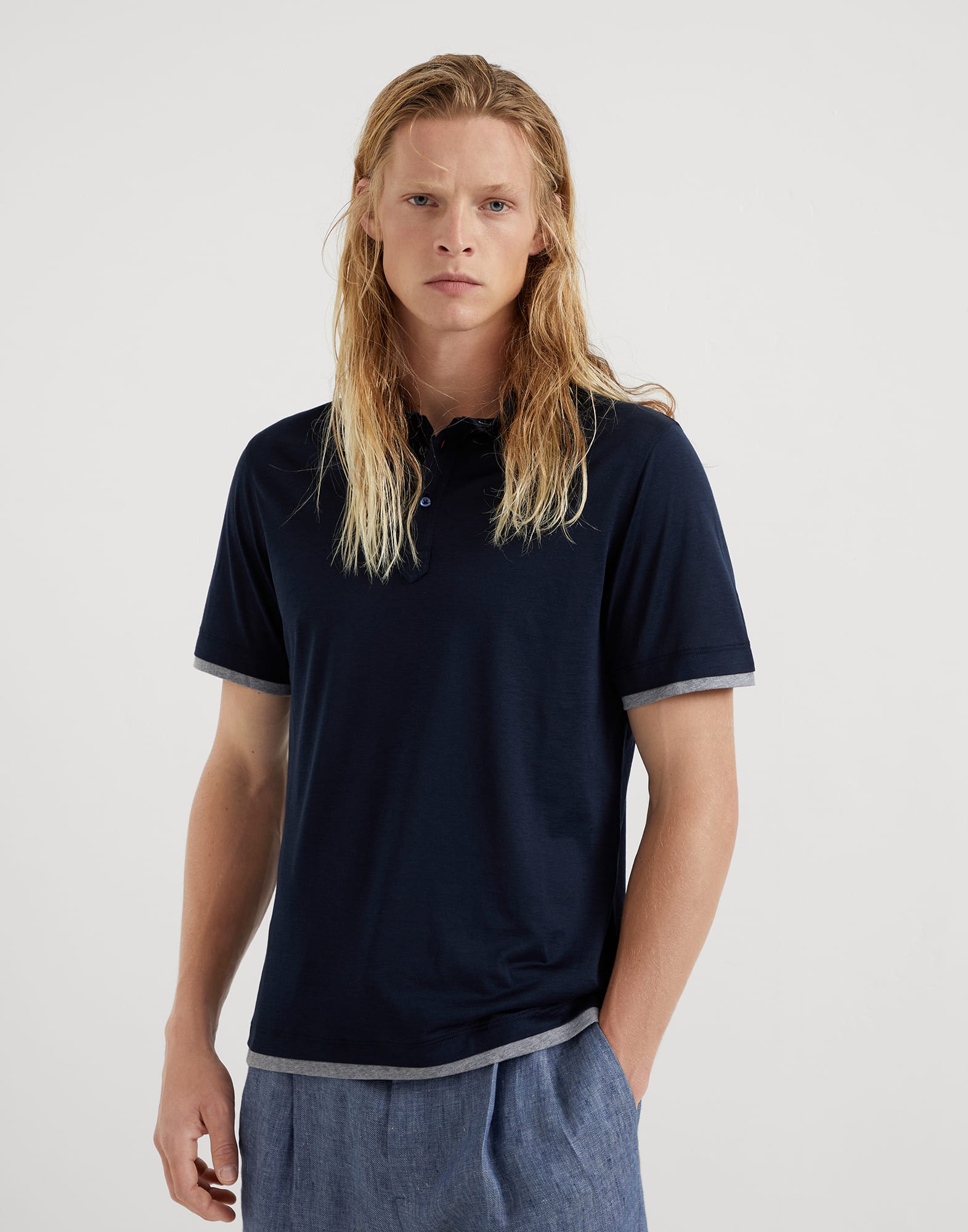 Silk and cotton jersey shirt-style collar polo with faux-layering