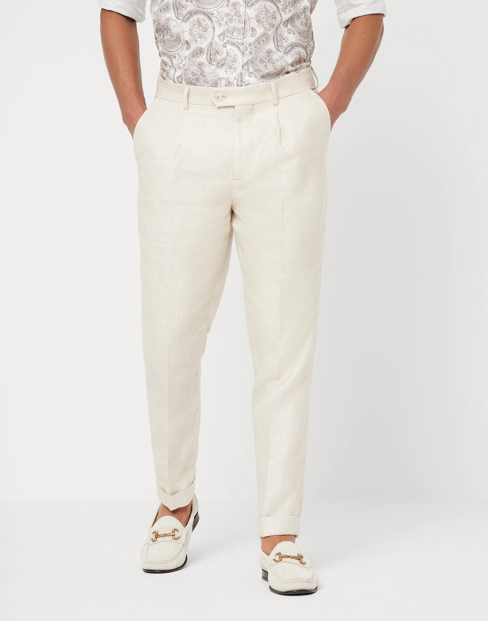 Linen, wool and silk diagonal leisure fit trousers with pleat