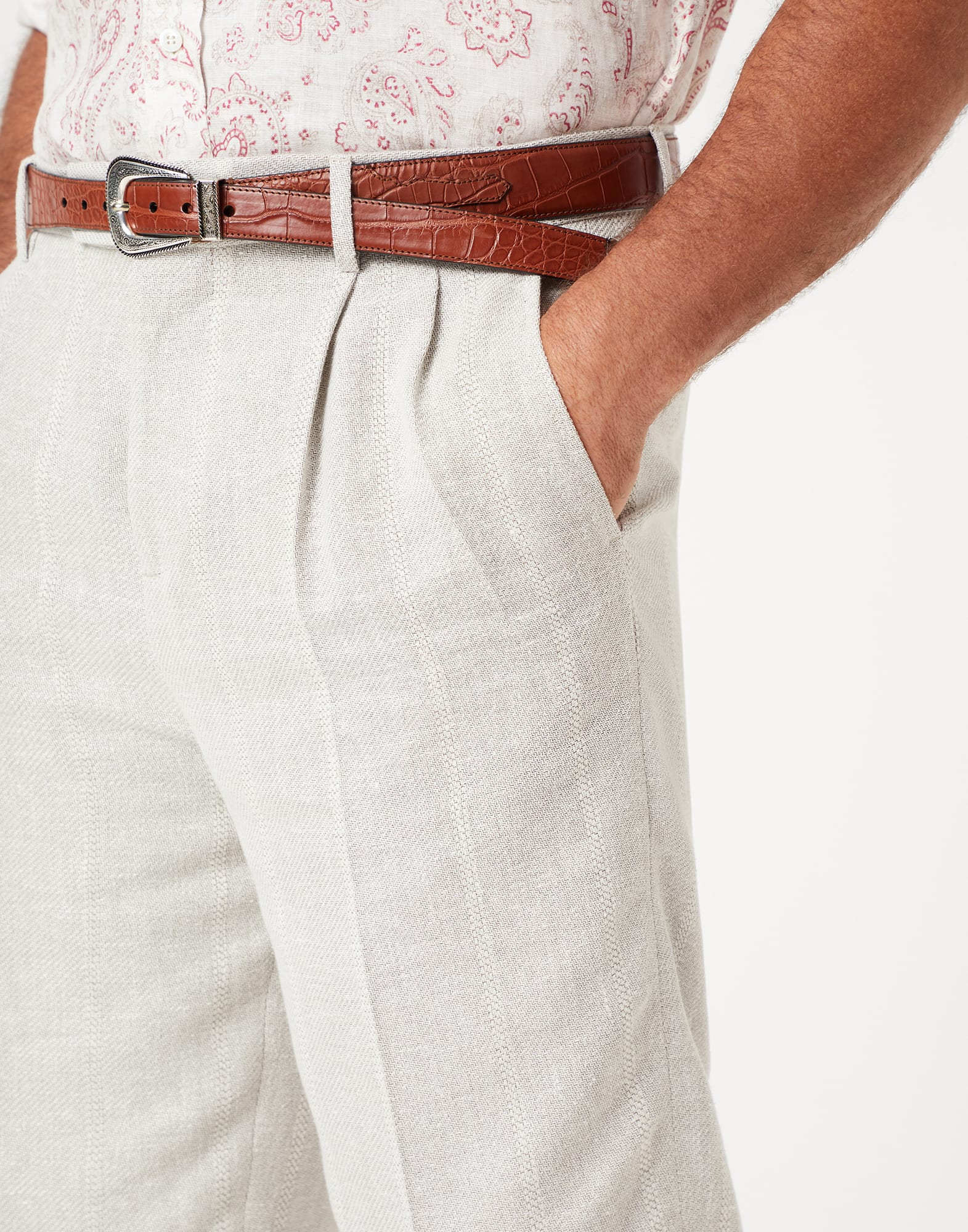Linen, silk, wool and cotton textured chalk stripe easy fit trousers with double pleats and waist tabs