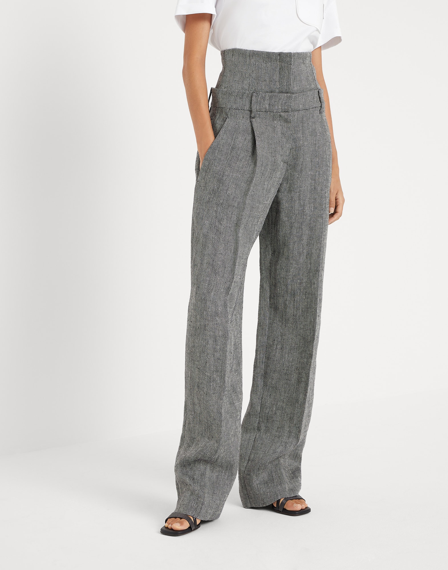 Irish linen chevron loose straight trousers with removable corset waistband and monili