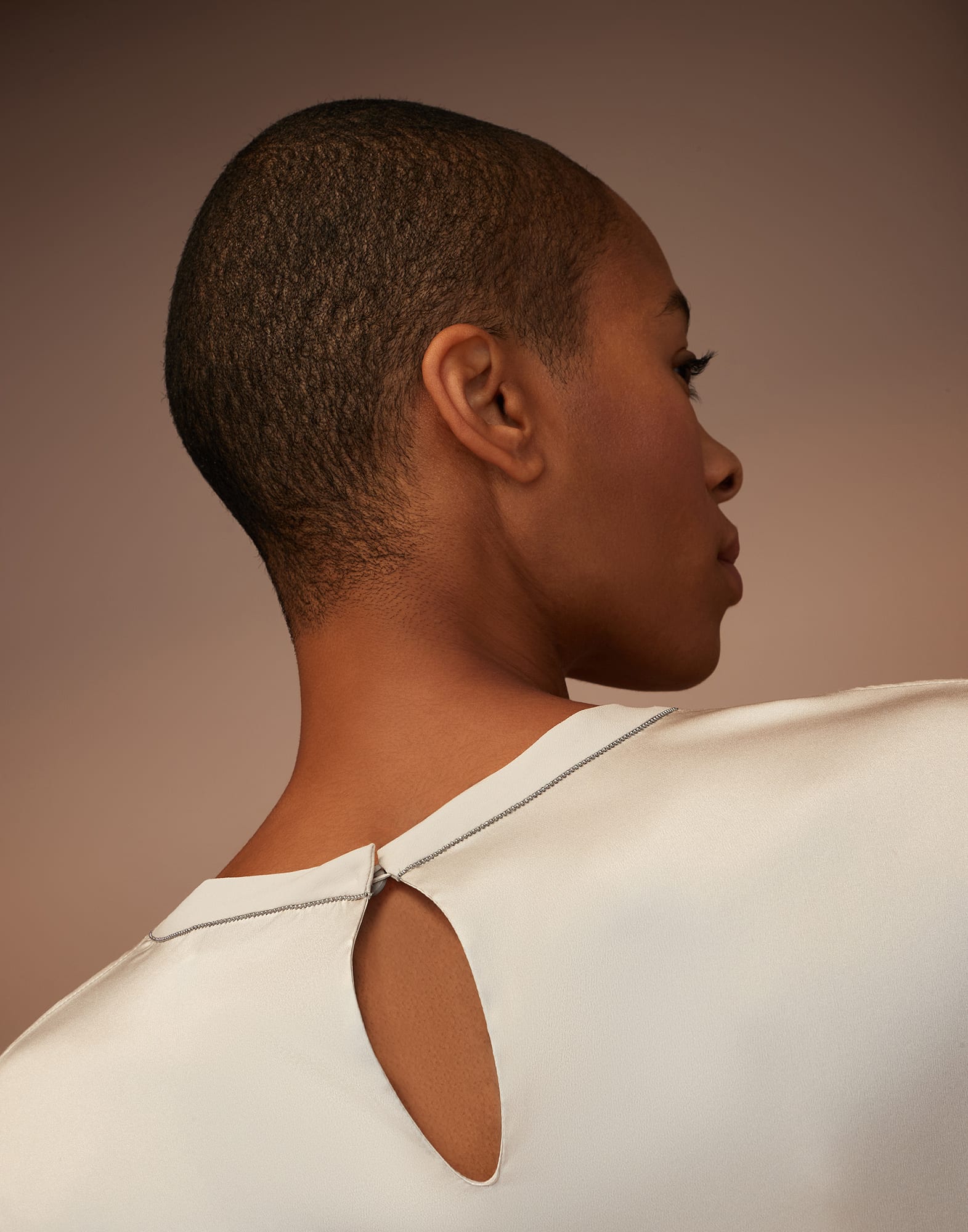 Stretch silk satin T-shirt with monili