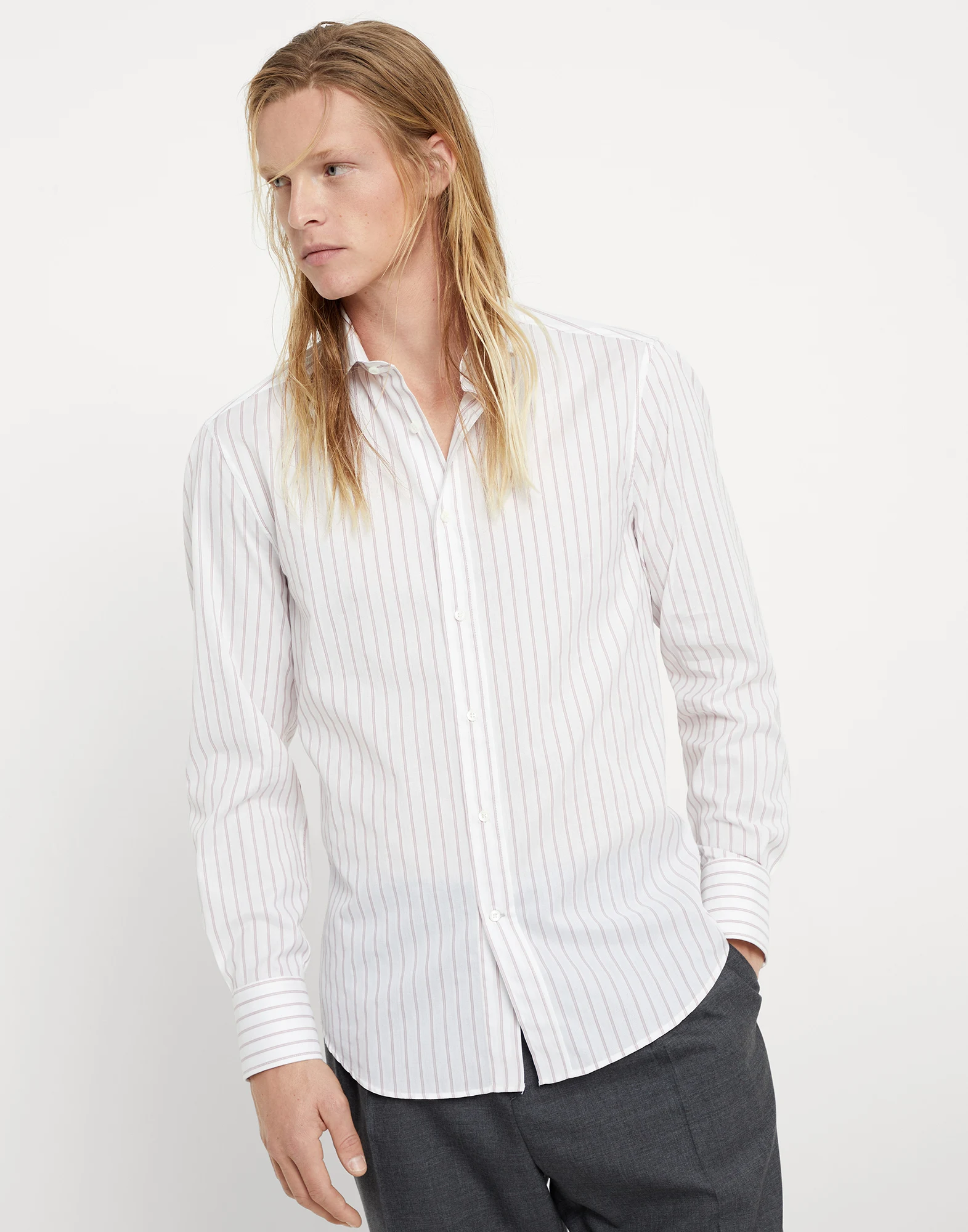 Textured striped cotton slim fit shirt with spread collar