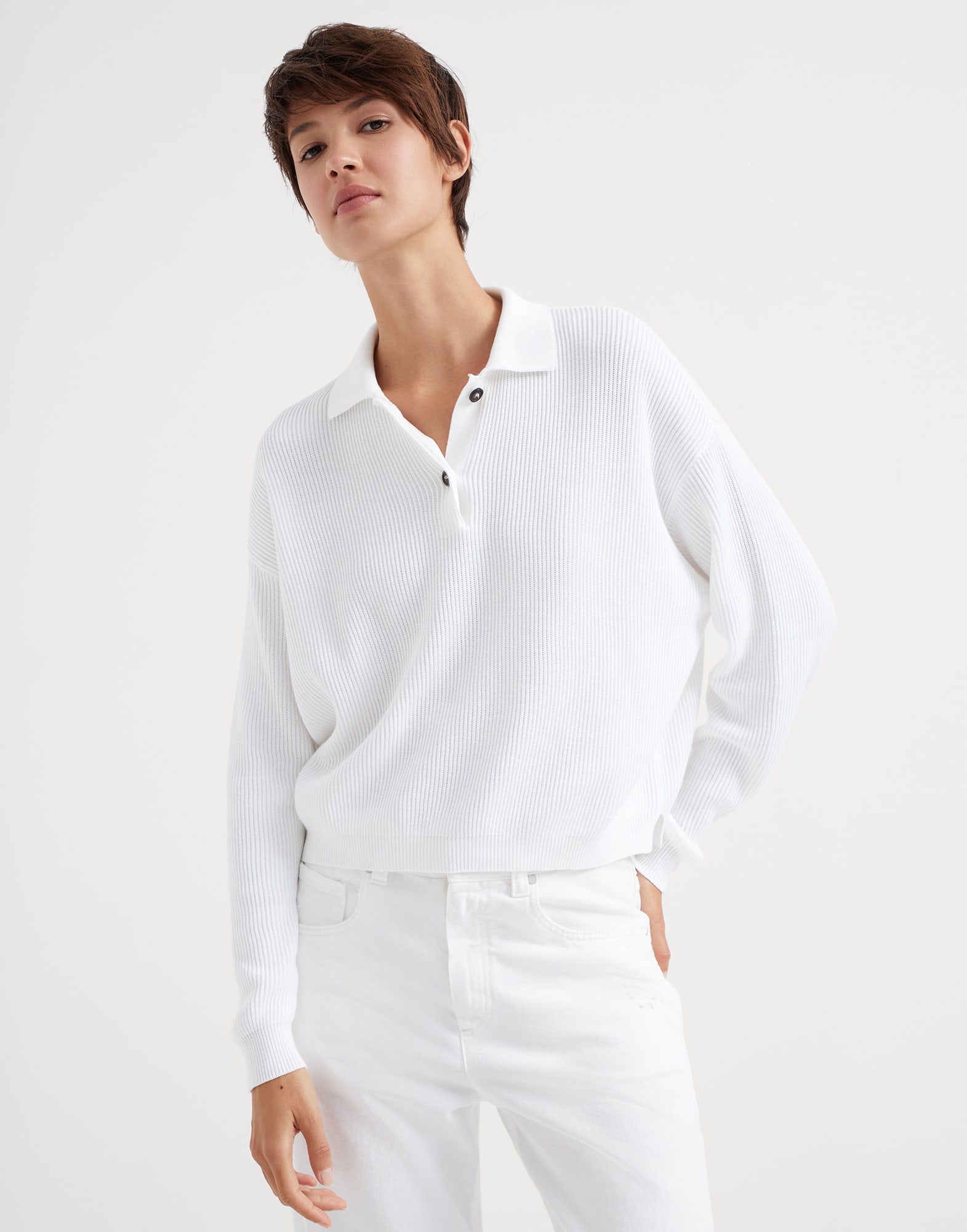 Cotton English rib polo-style sweater with monili