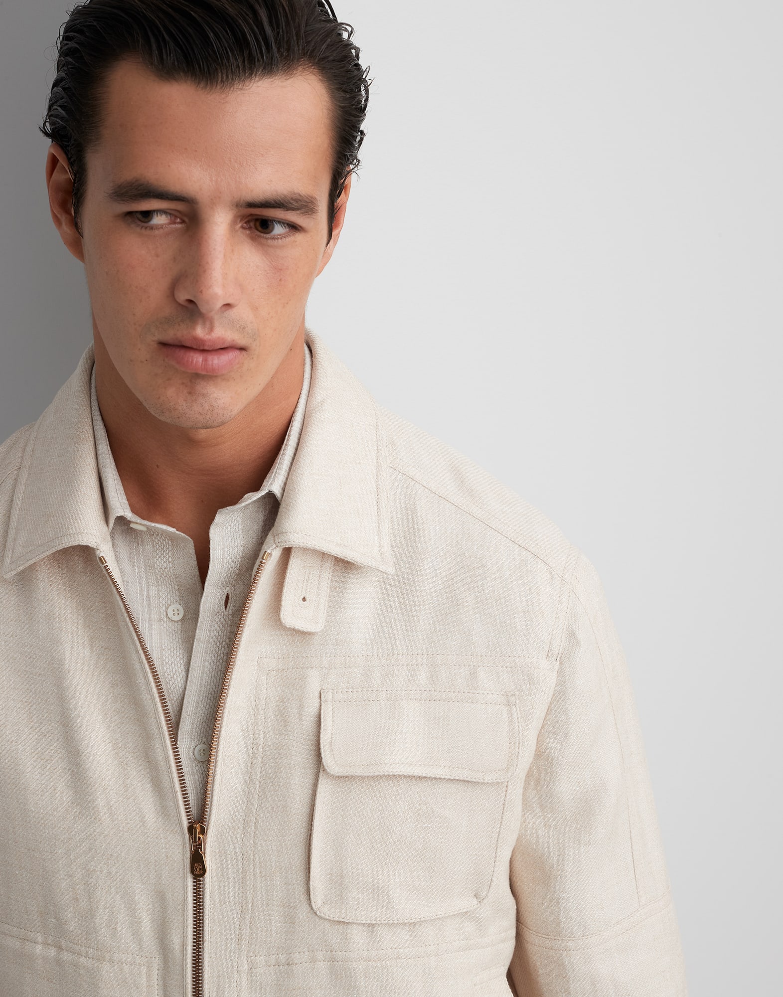 Linen, wool and silk diagonal outerwear jacket with chest pocket