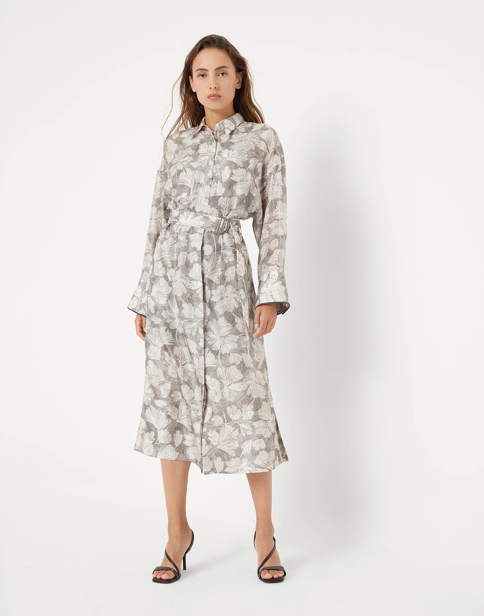 Silk ginkgo print pongee shirt dress with belt and shiny cuff details