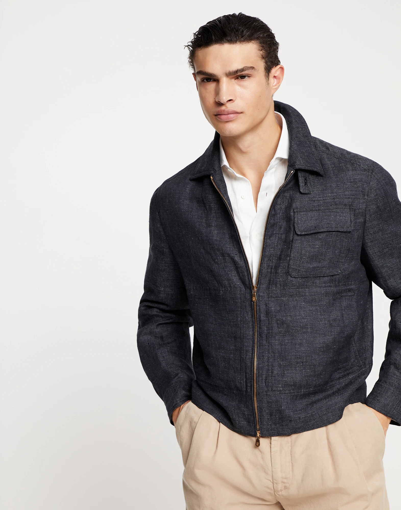 Denim-effect linen outerwear jacket with chest pocket
